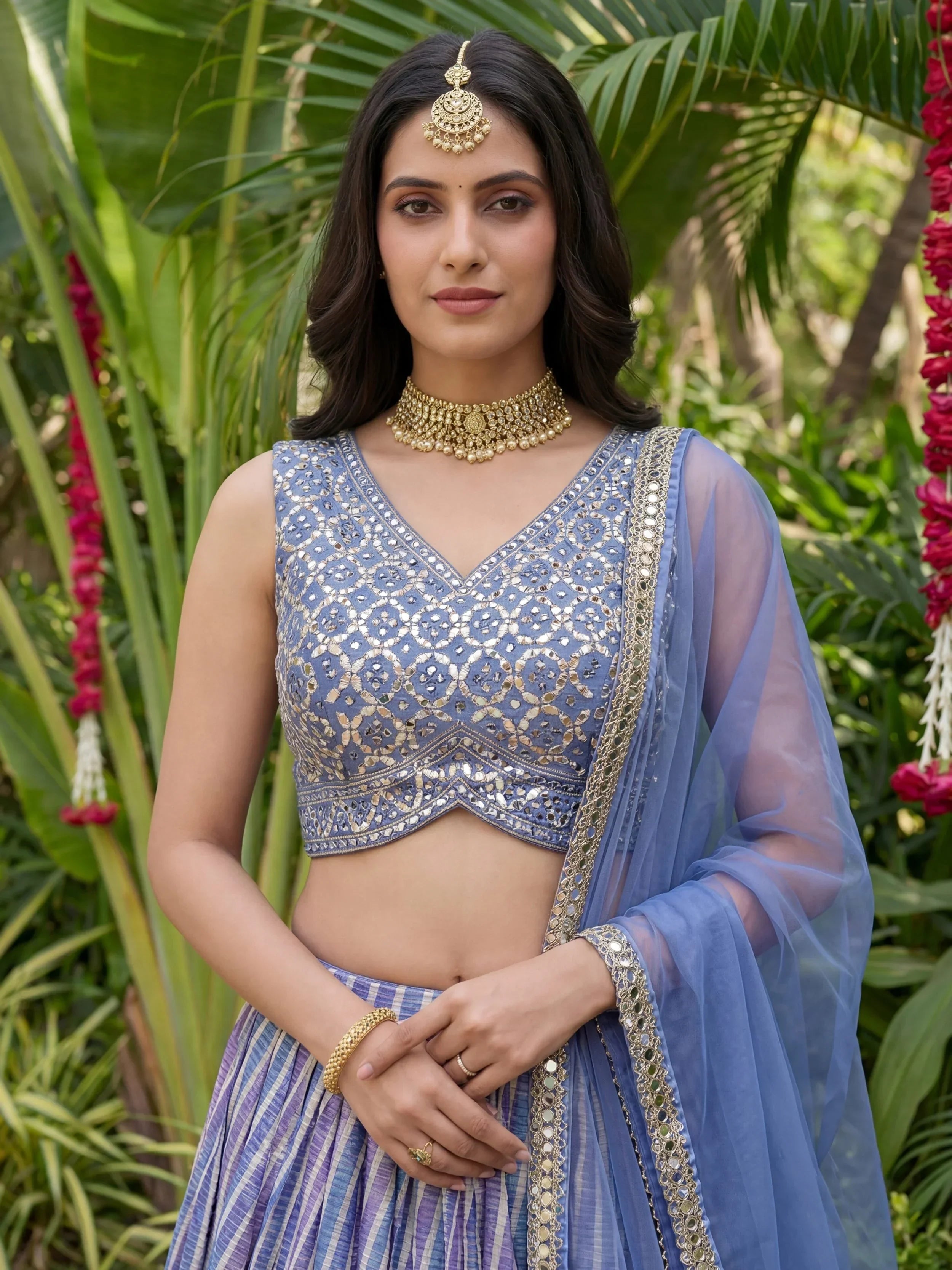 Classic Lavender Laheriya Printed Organza Wedding Wear Lehenga Choli
