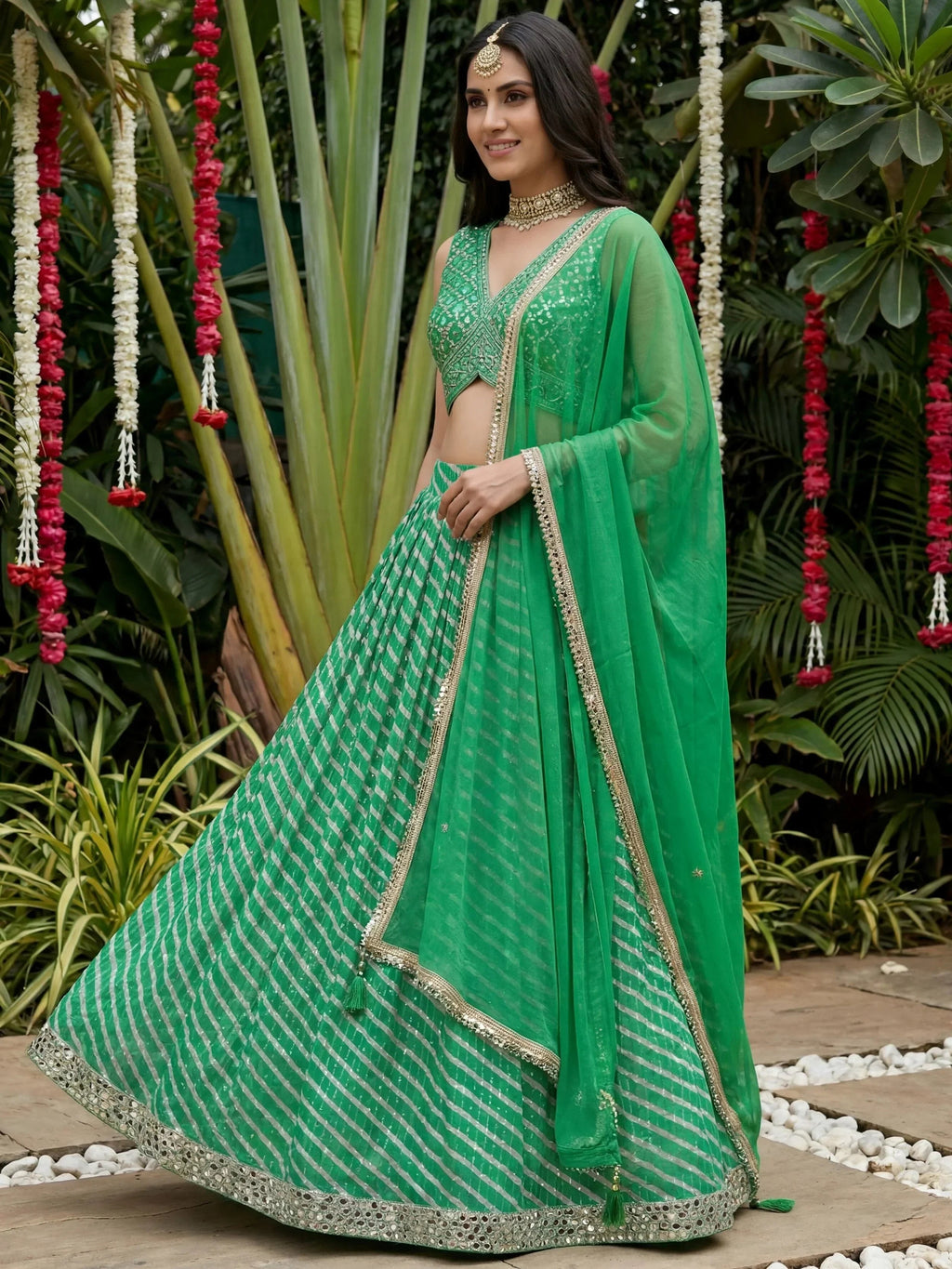 Enchanting Green Digital Printed Organza Festive Wear Lehenga Choli