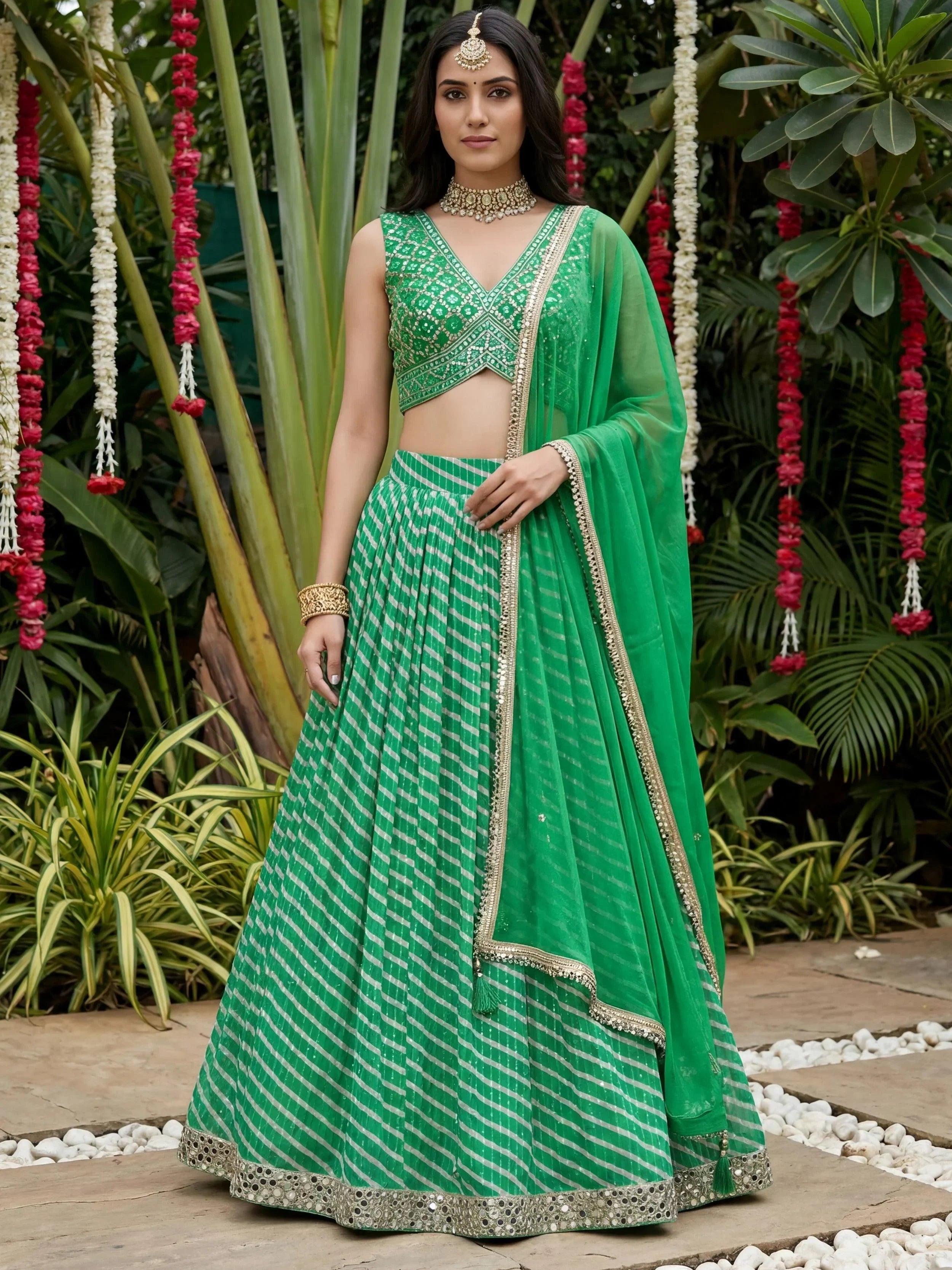 Enchanting Green Digital Printed Organza Festive Wear Lehenga Choli