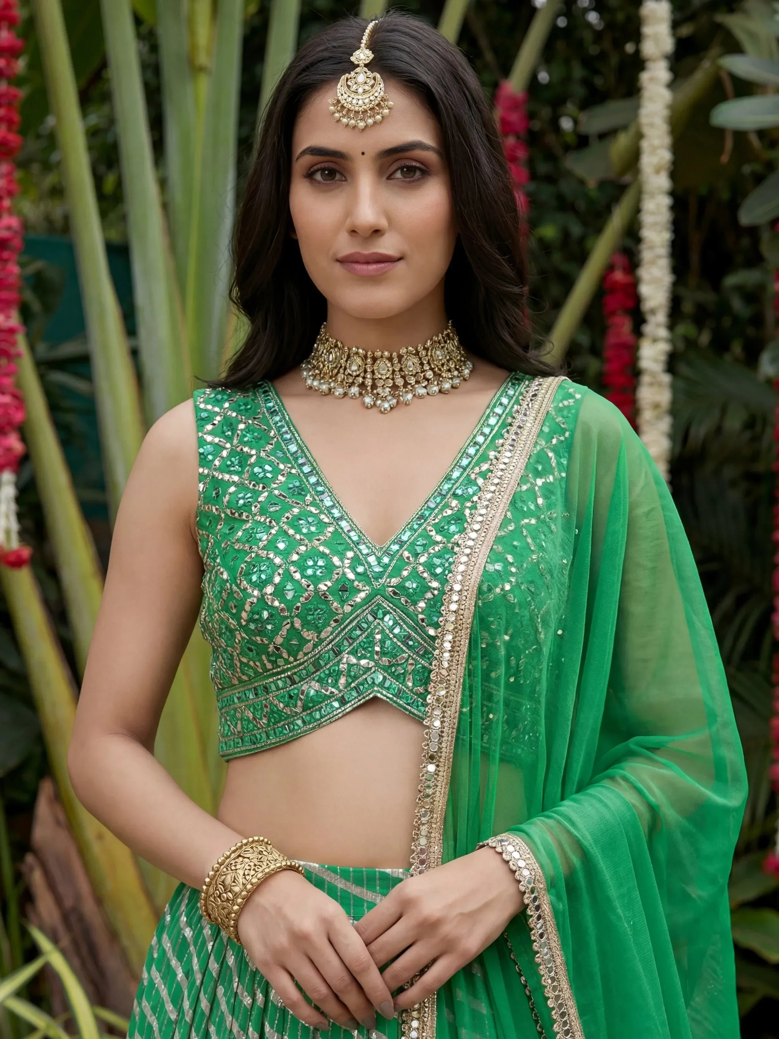 Enchanting Green Digital Printed Organza Festive Wear Lehenga Choli