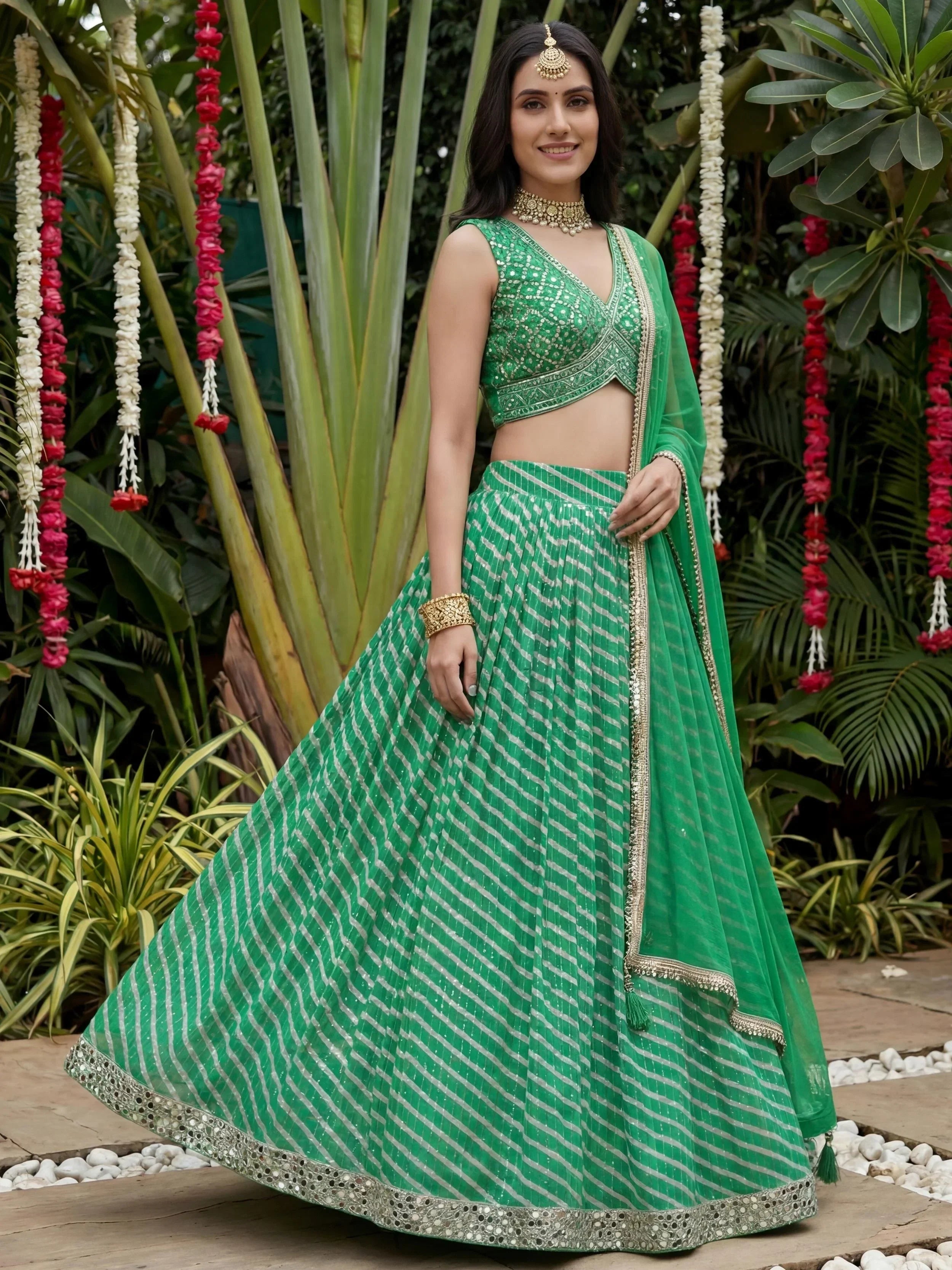 Enchanting Green Digital Printed Organza Festive Wear Lehenga Choli
