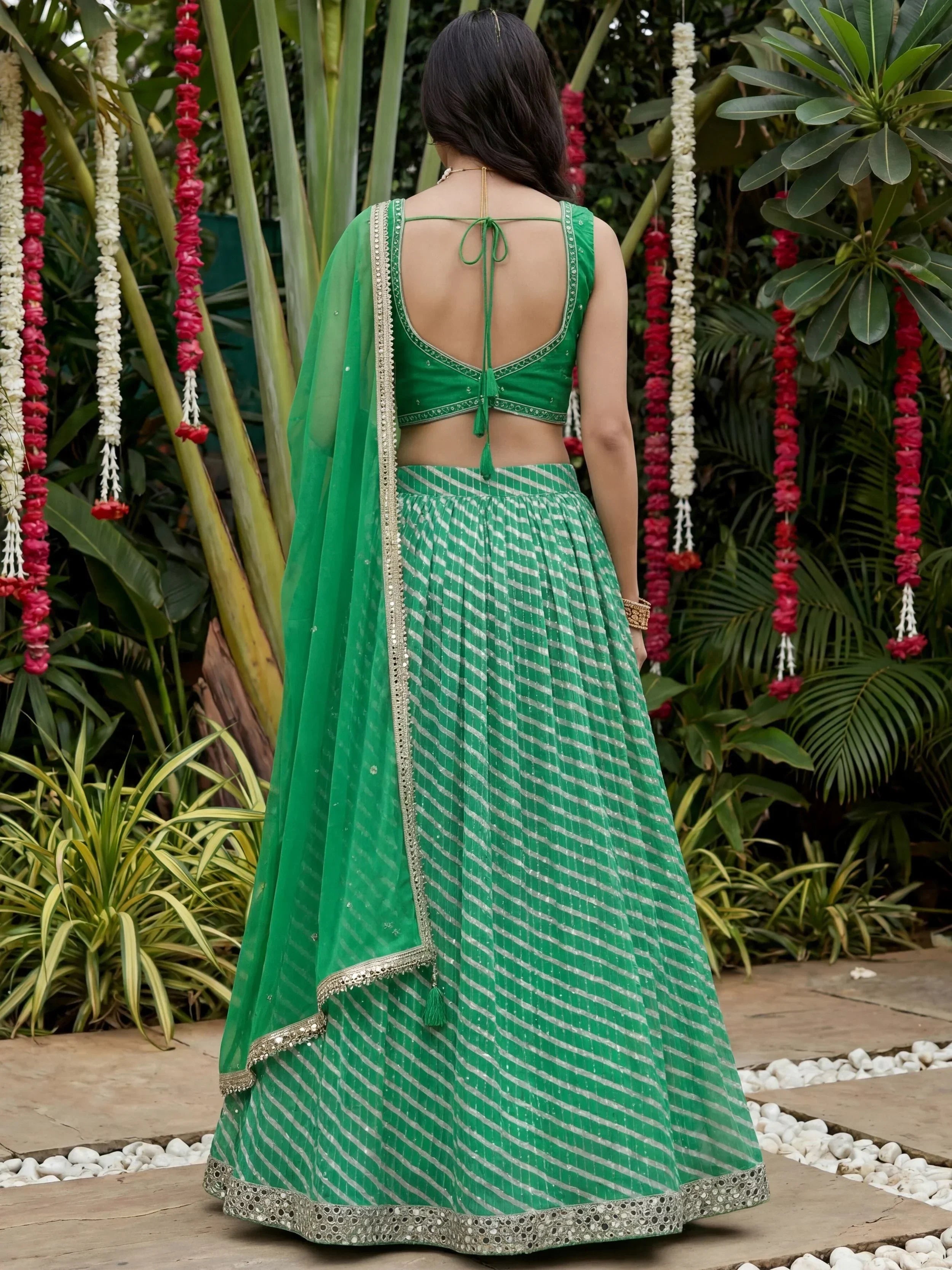 Enchanting Green Digital Printed Organza Festive Wear Lehenga Choli