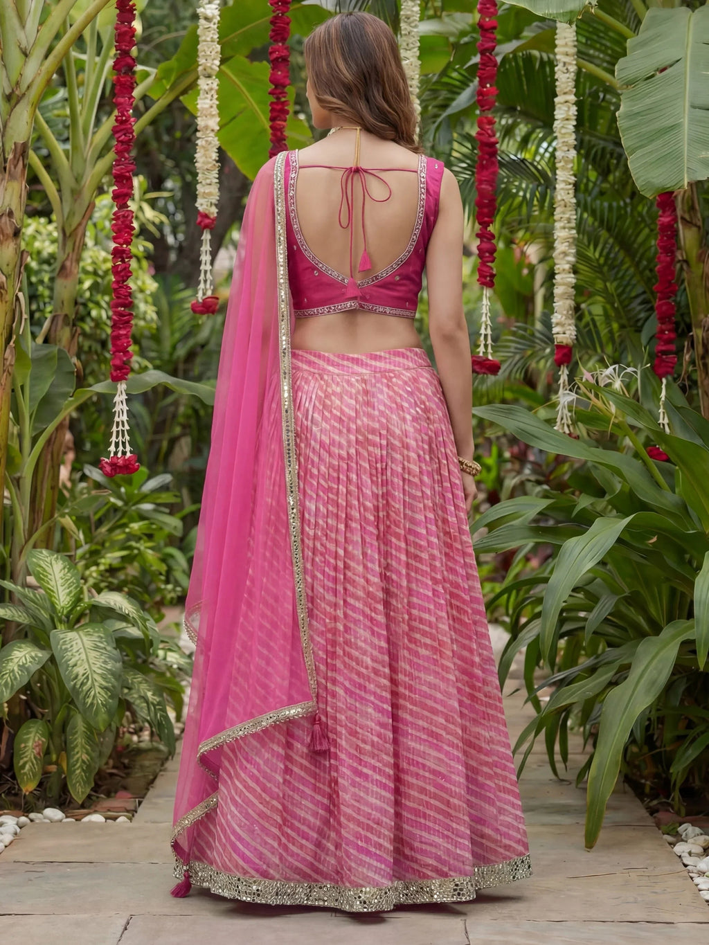 Alluring Pink Laheriya Printed Organza Festive Wear Lehenga Choli
