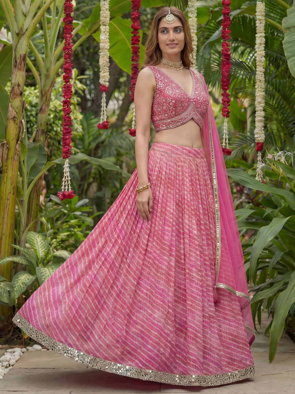 Alluring Pink Laheriya Printed Organza Festive Wear Lehenga Choli