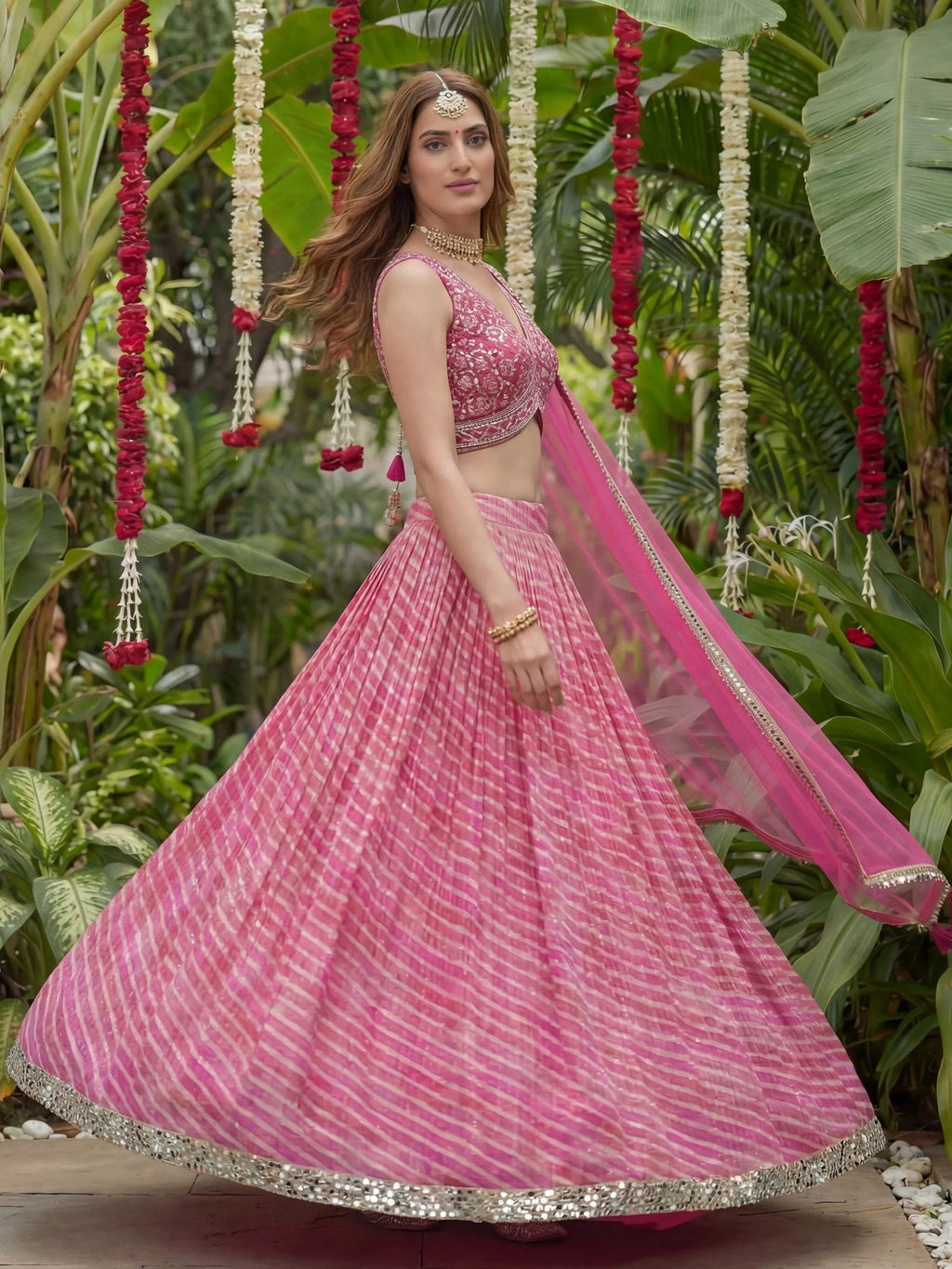 Alluring Pink Laheriya Printed Organza Festive Wear Lehenga Choli