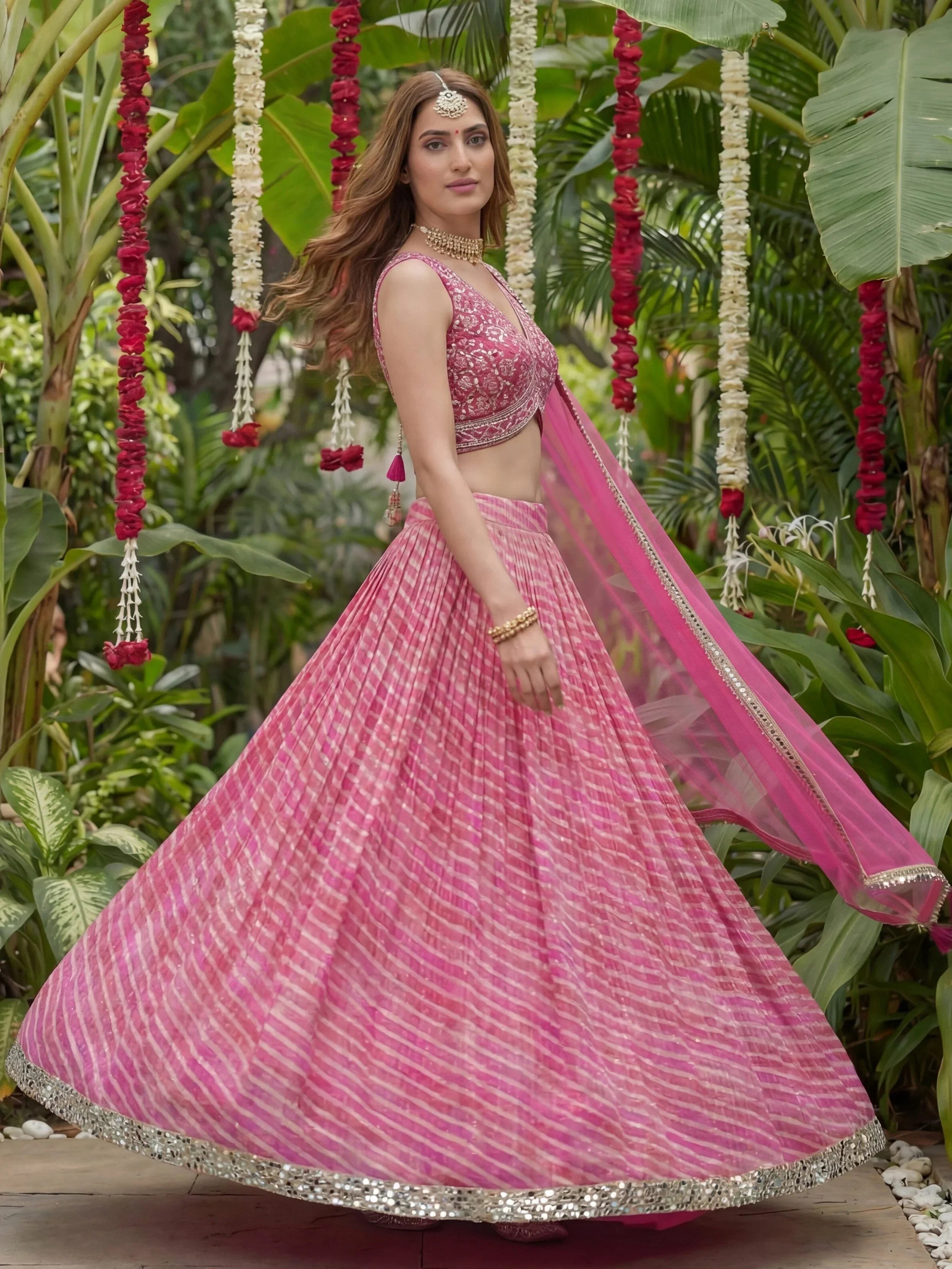 Alluring Pink Laheriya Printed Organza Festive Wear Lehenga Choli