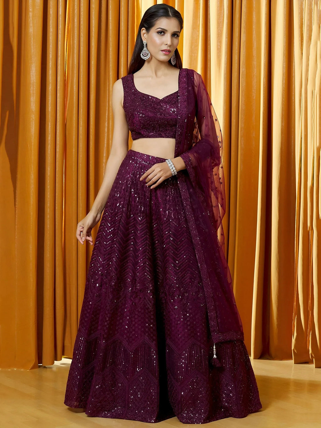 Marvelous Wine Thread Embroidered Net Reception Wear Lehenga Choli