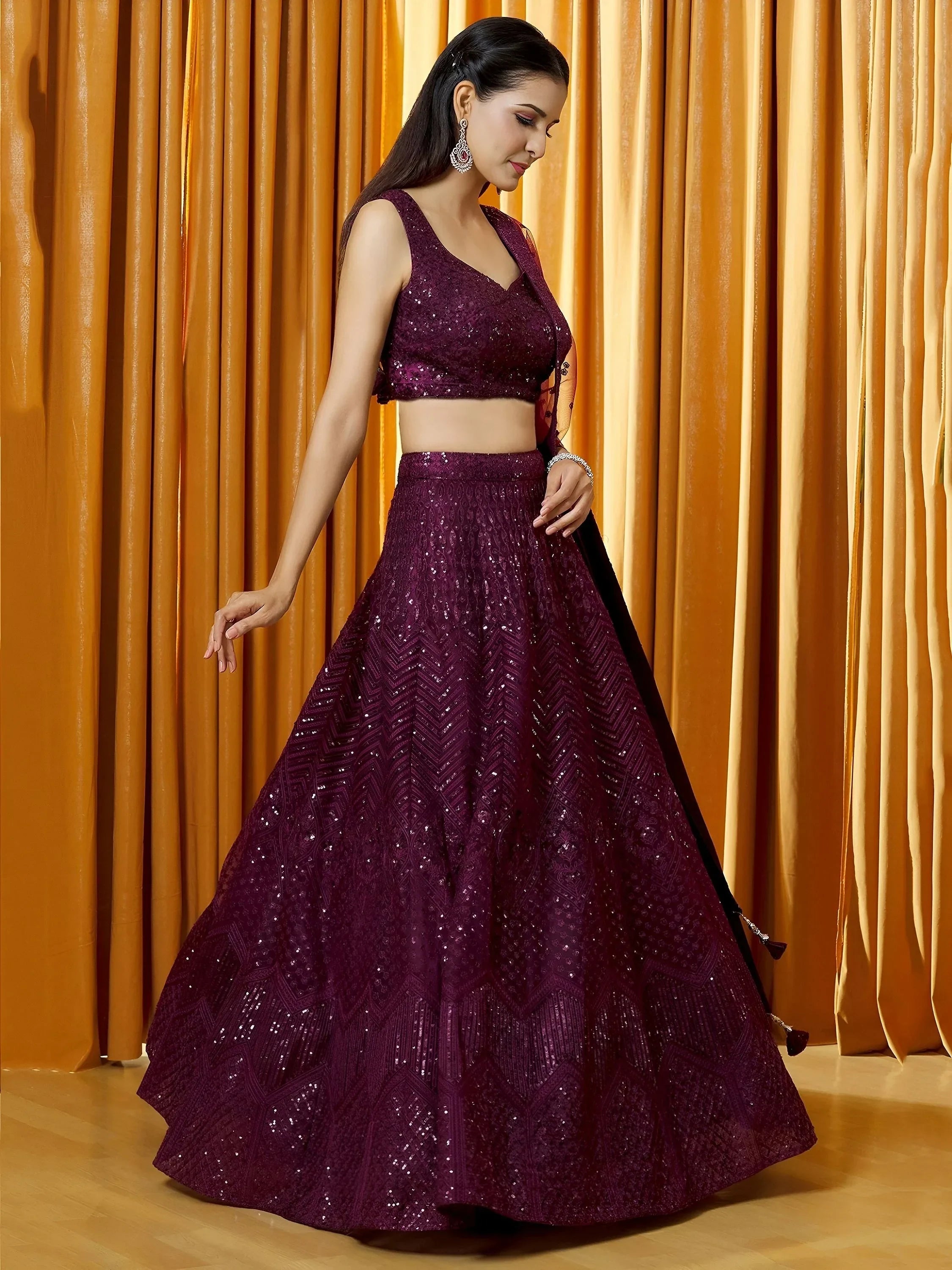 Marvelous Wine Thread Embroidered Net Reception Wear Lehenga Choli