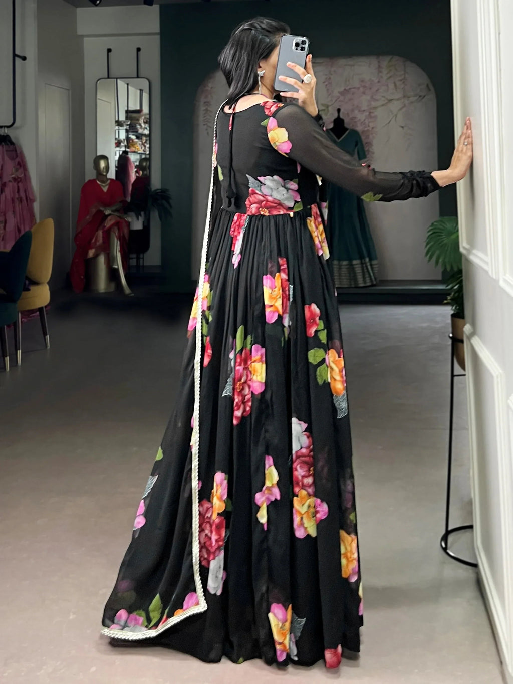 Black Adorable Floral Printed Georgette Evening Wear Gown