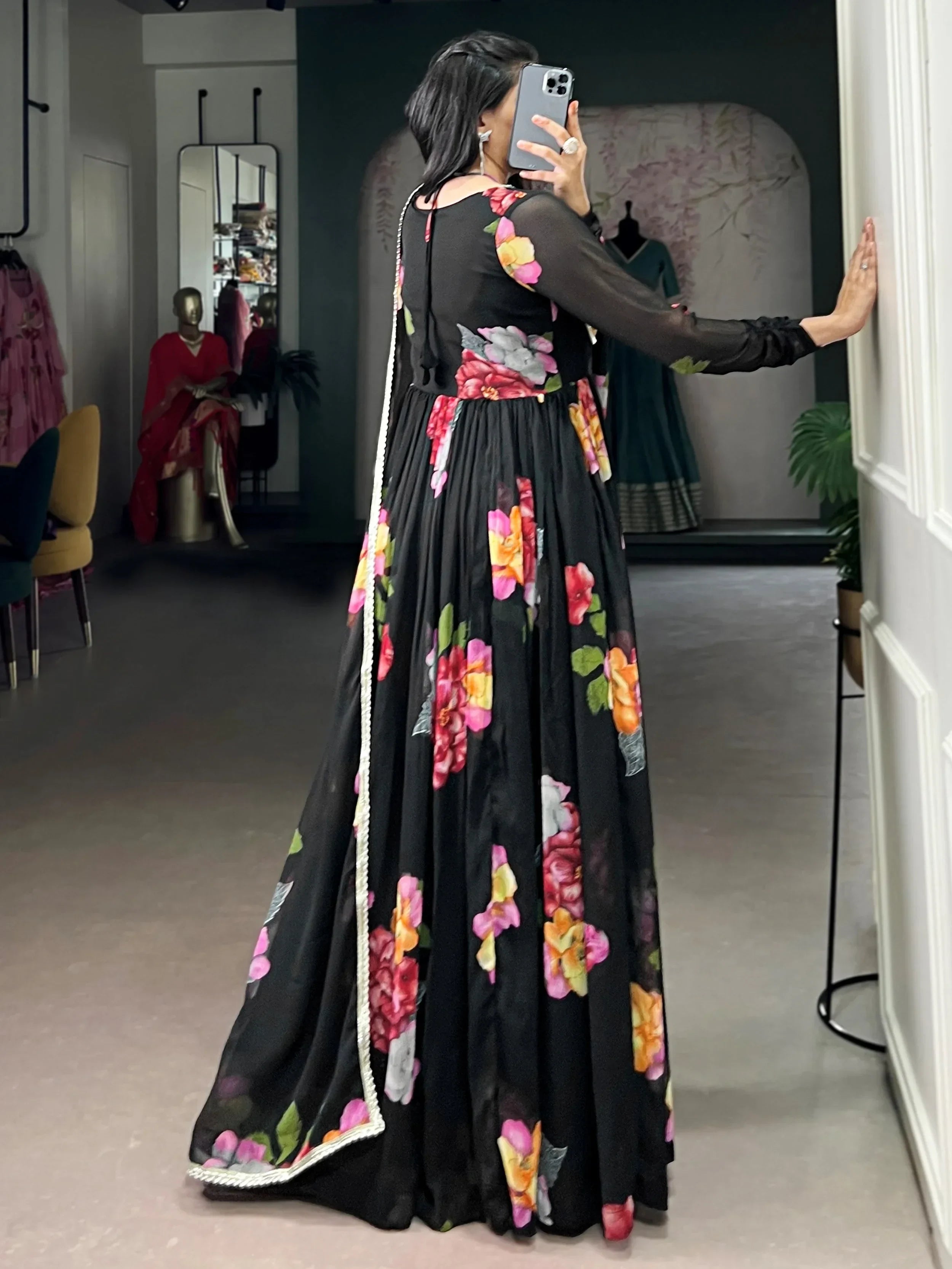 Black Adorable Floral Printed Georgette Evening Wear Gown