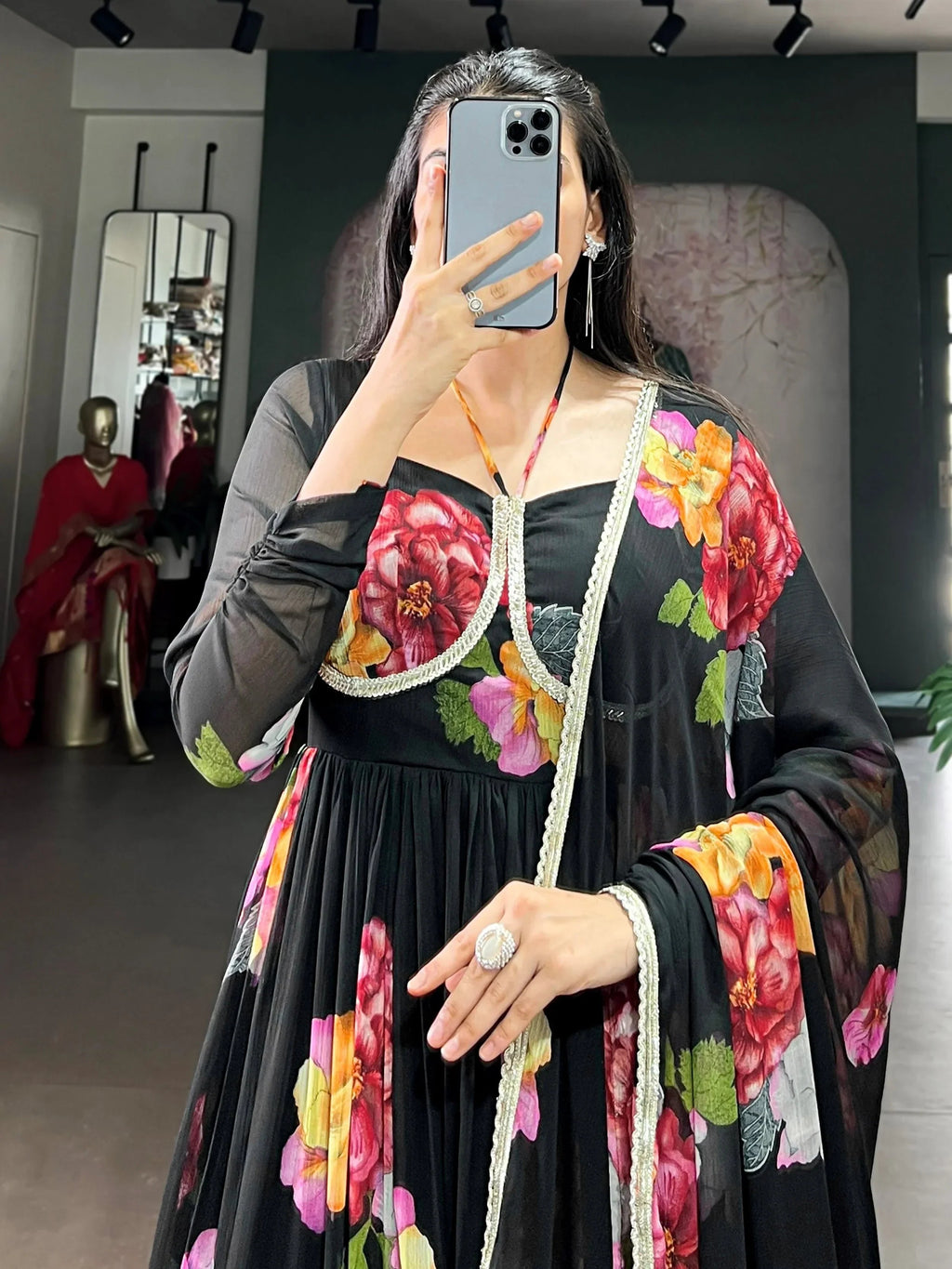 Black Adorable Floral Printed Georgette Evening Wear Gown