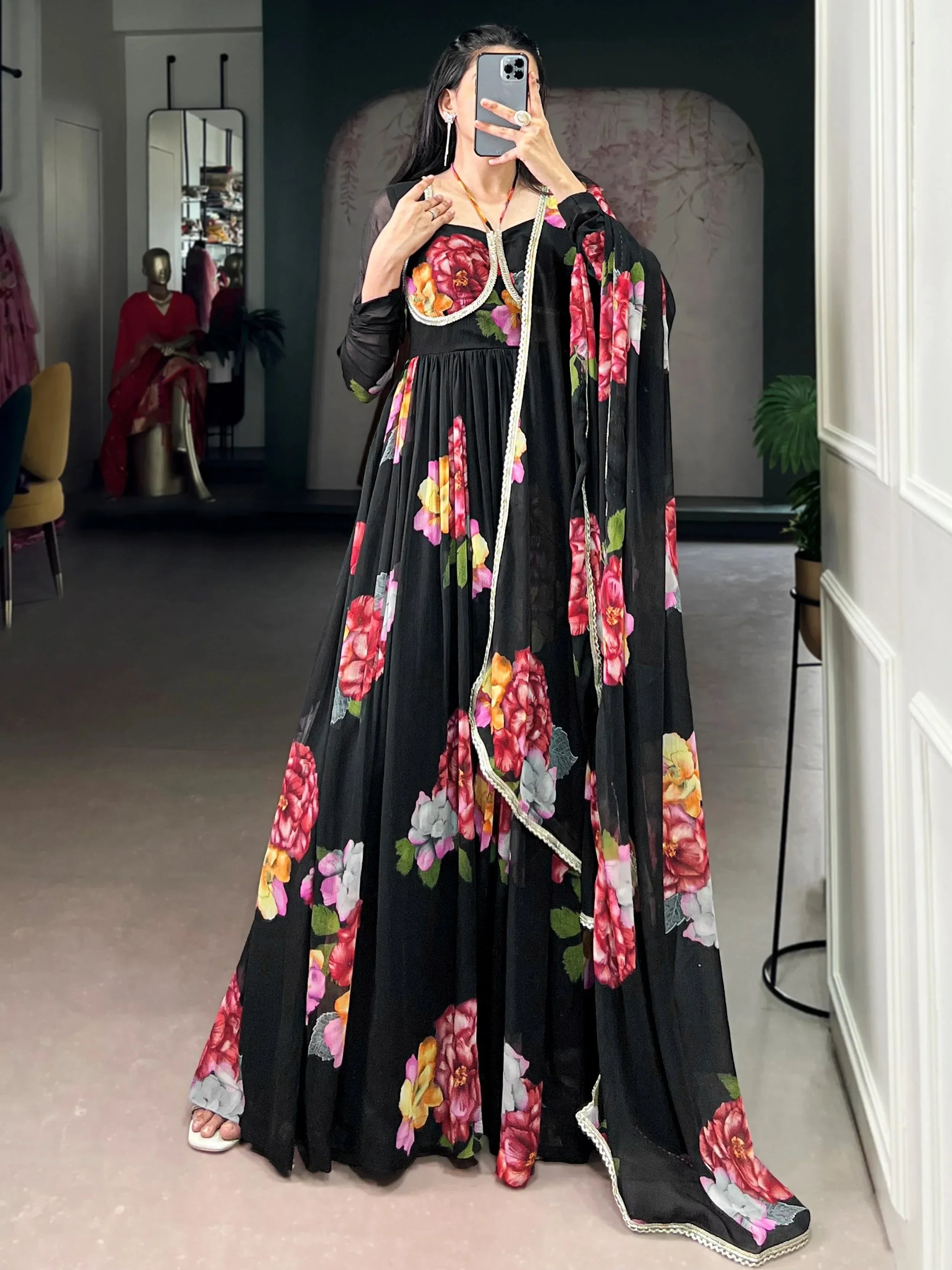 Black Adorable Floral Printed Georgette Evening Wear Gown