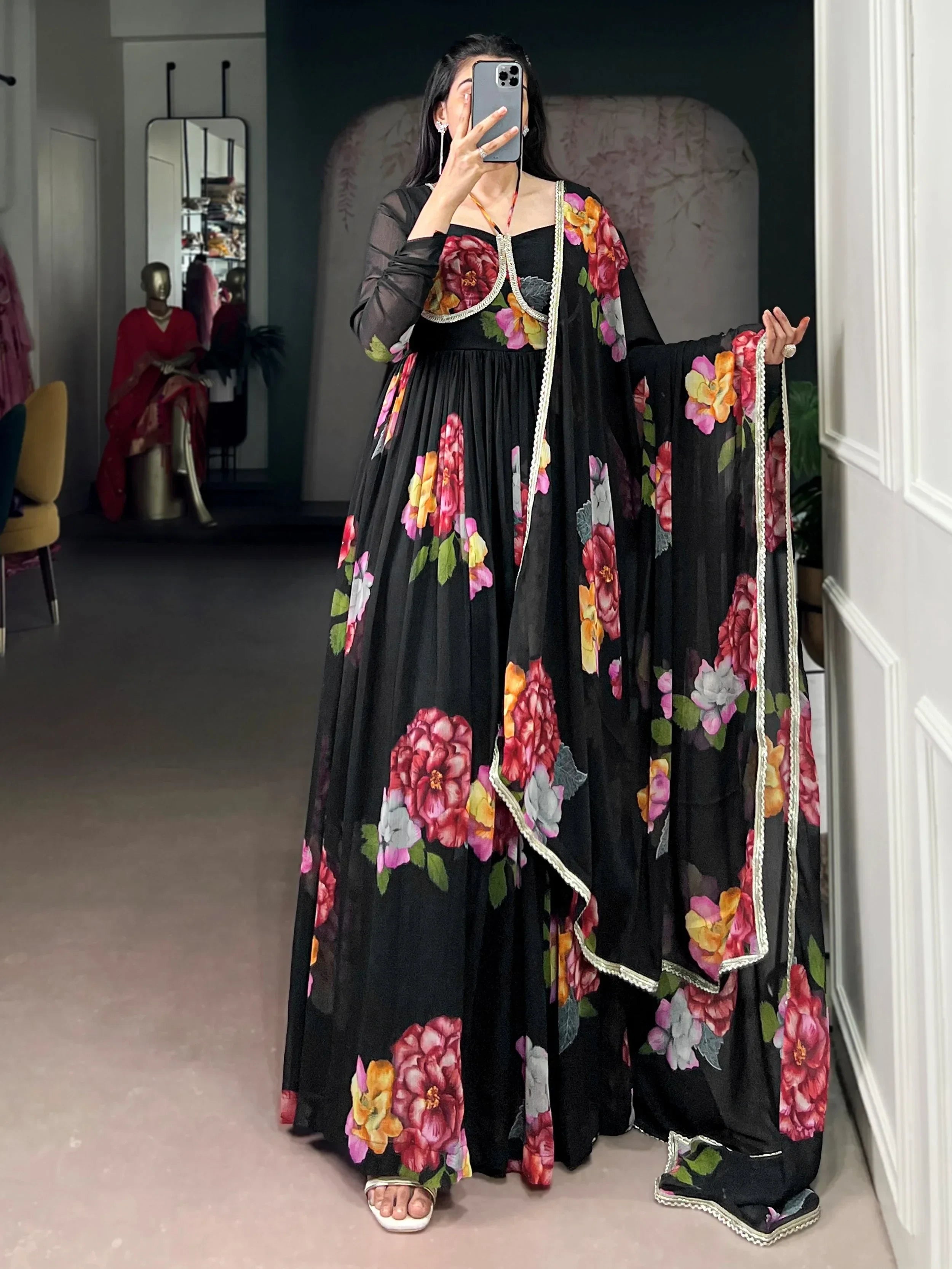 Black Adorable Floral Printed Georgette Evening Wear Gown