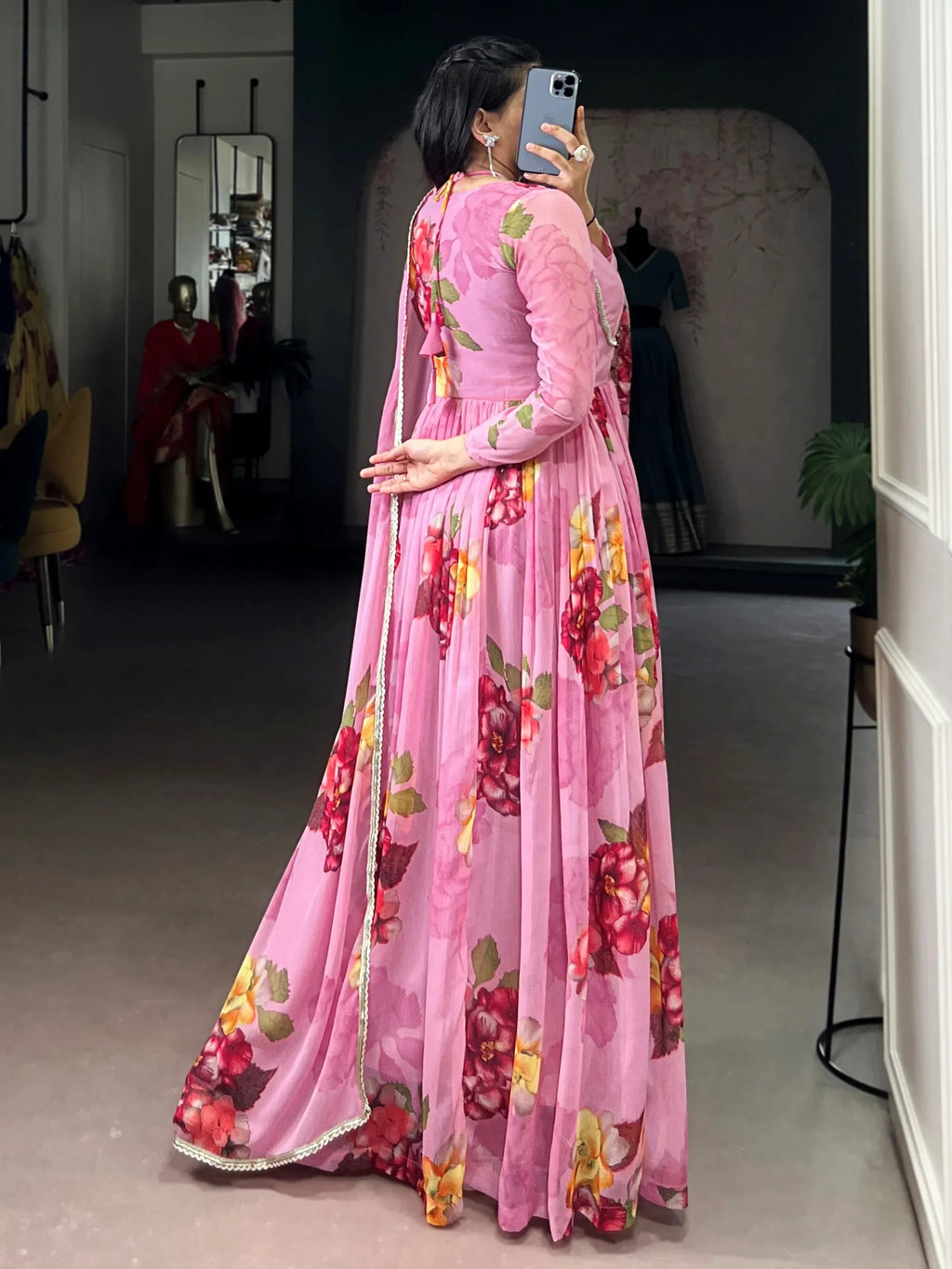 Light Pink Adorable Floral Printed Georgette Evening Wear Gown