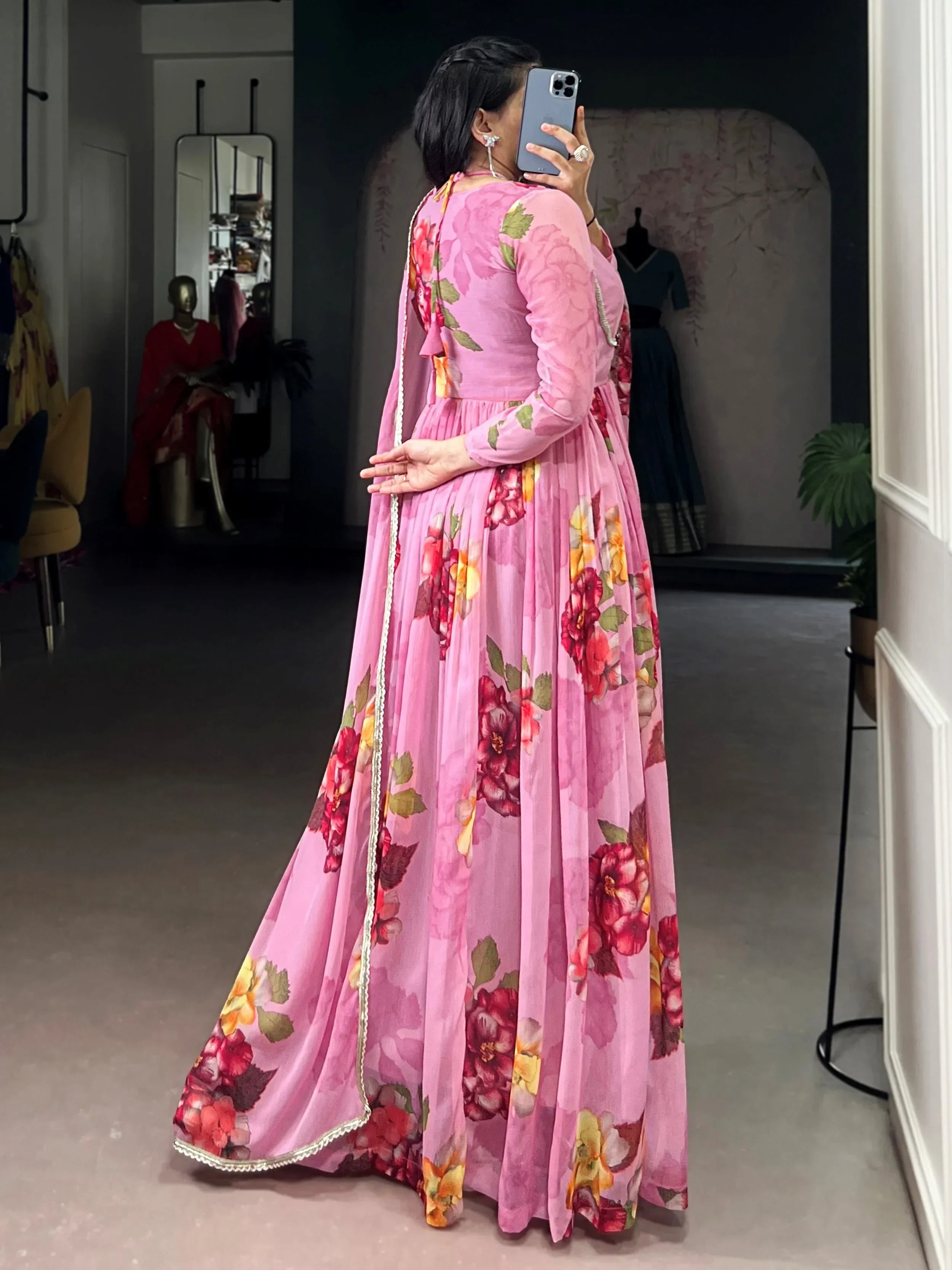Light Pink Adorable Floral Printed Georgette Evening Wear Gown