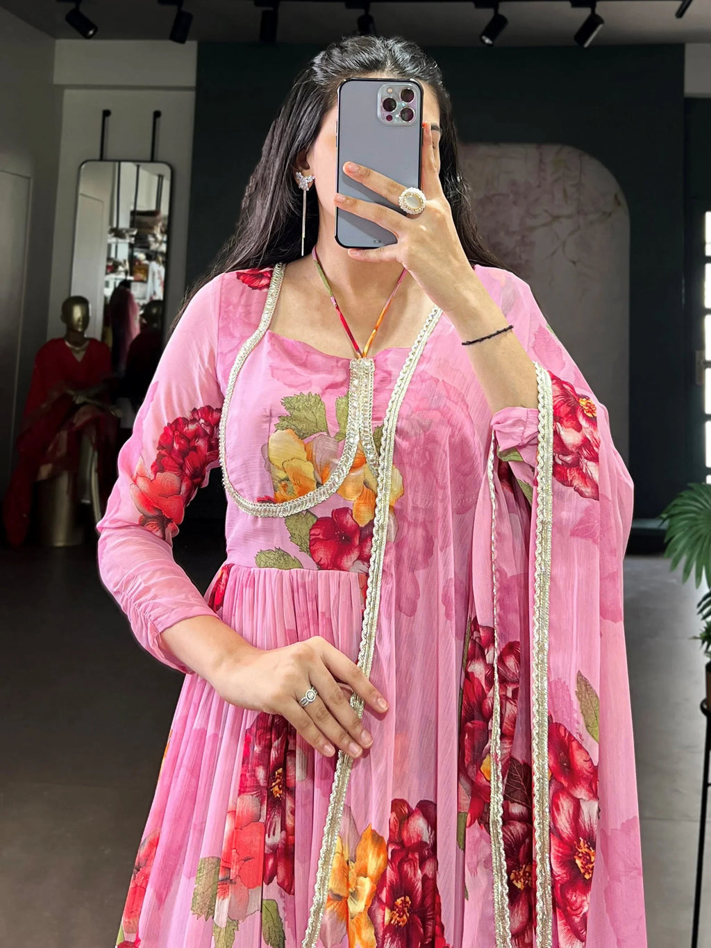 Light Pink Adorable Floral Printed Georgette Evening Wear Gown