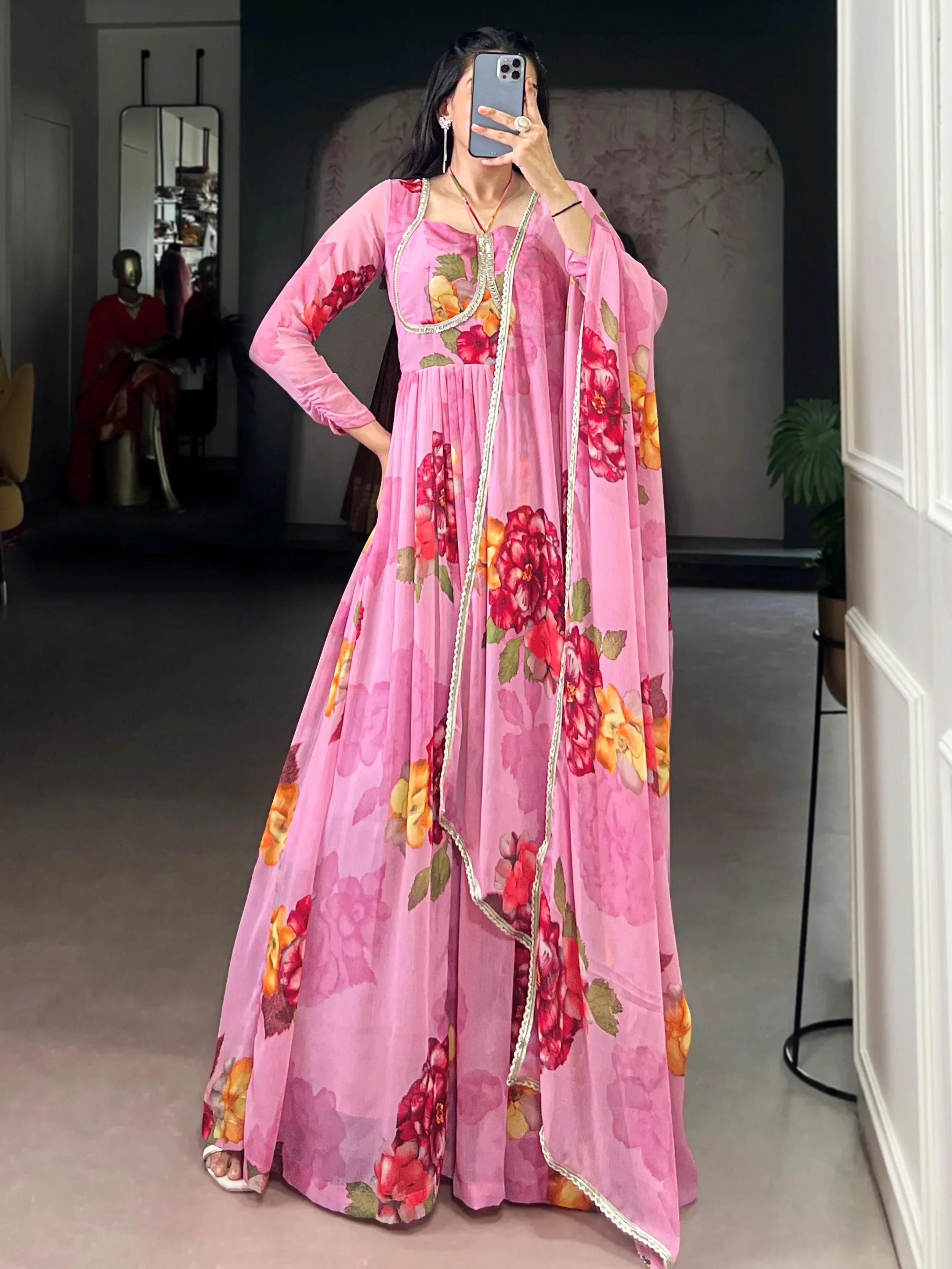 Light Pink Adorable Floral Printed Georgette Evening Wear Gown