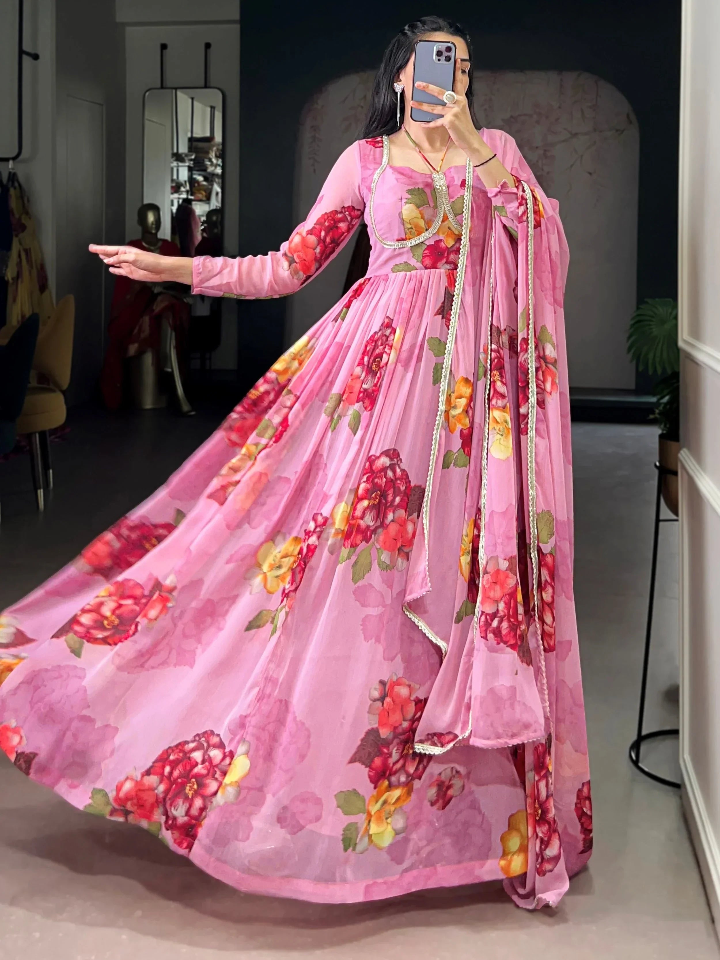 Light Pink Adorable Floral Printed Georgette Evening Wear Gown
