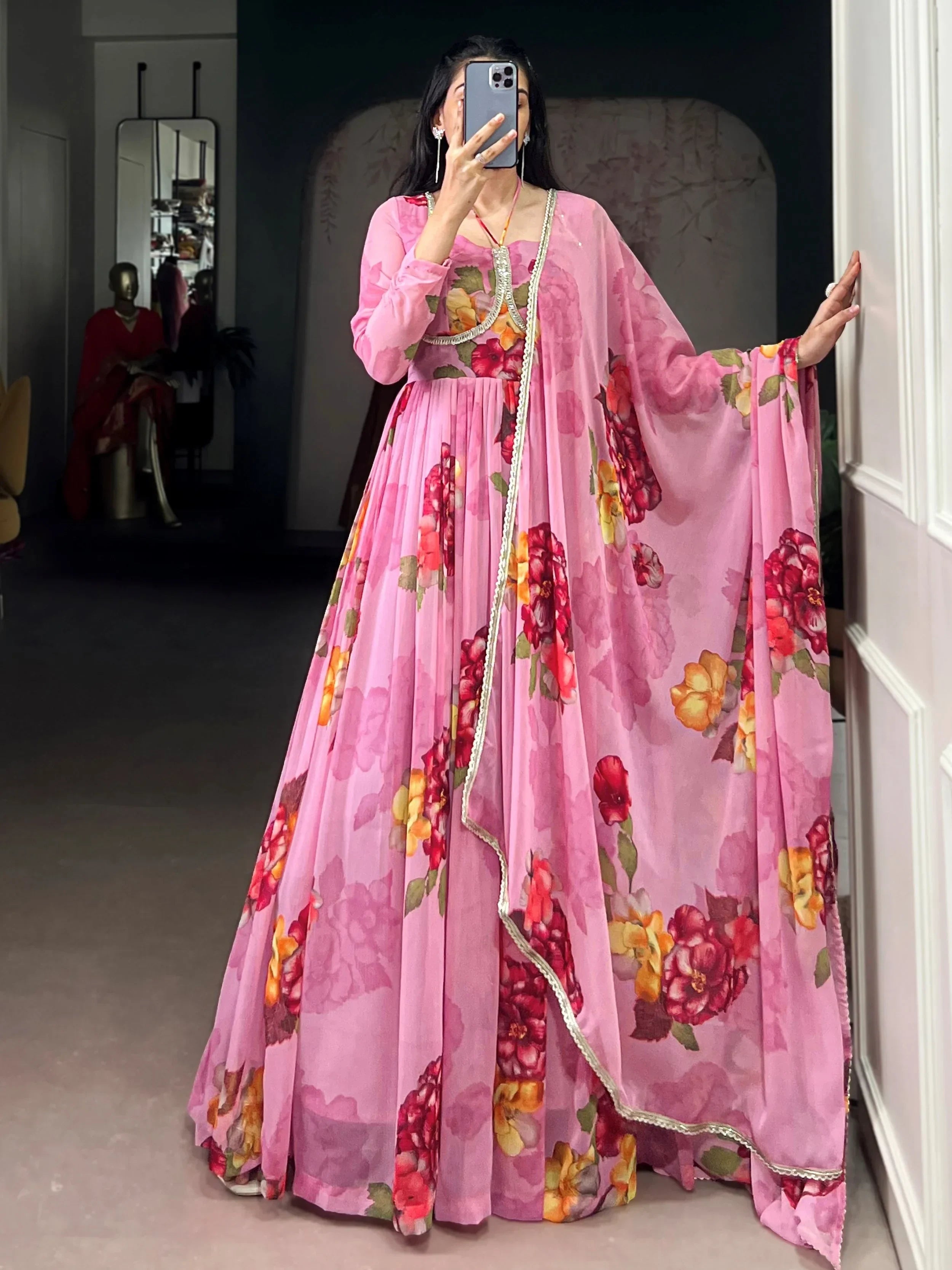 Light Pink Adorable Floral Printed Georgette Evening Wear Gown