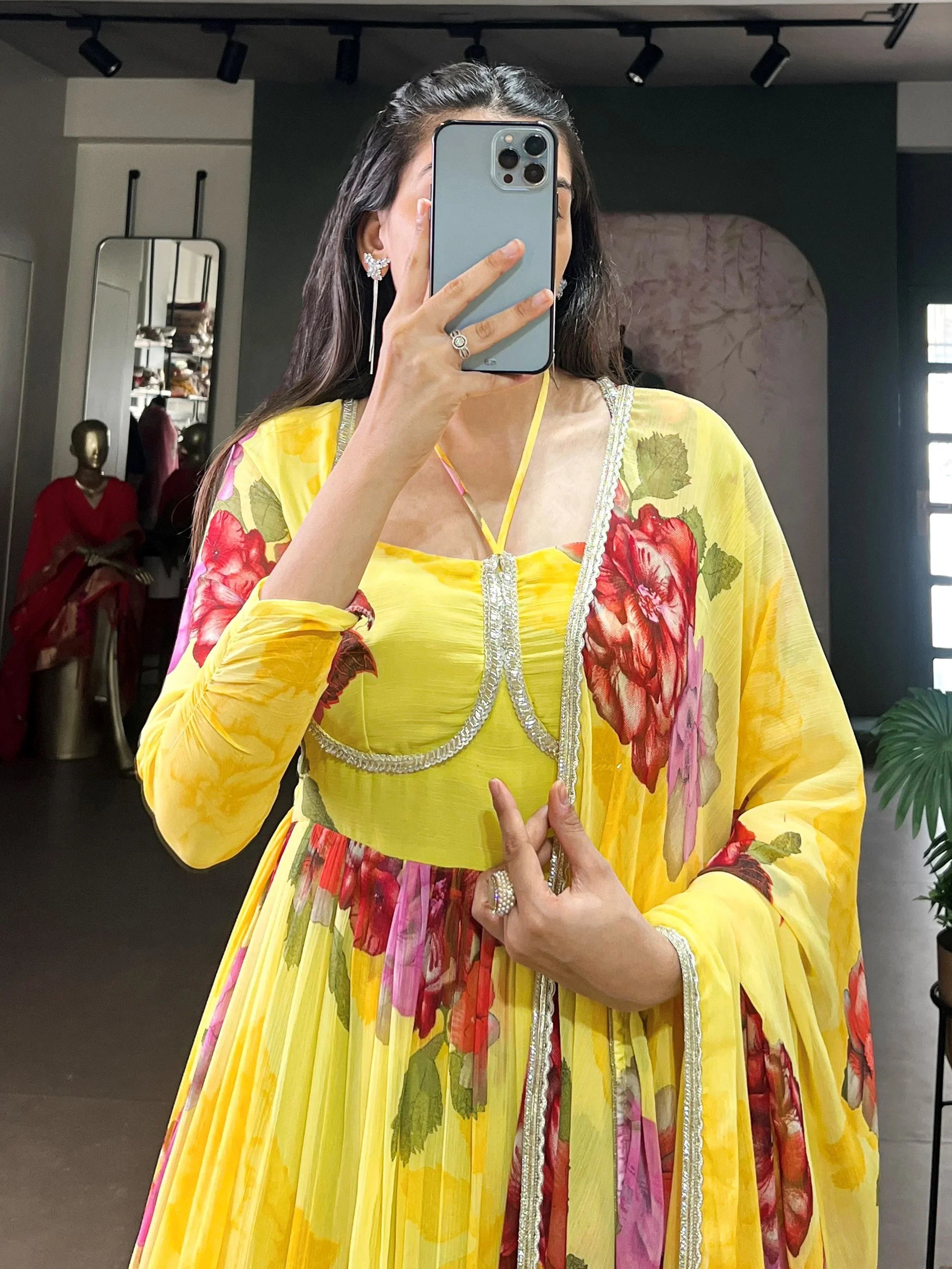 Yellow Adorable Floral Printed Georgette Evening Wear Gown