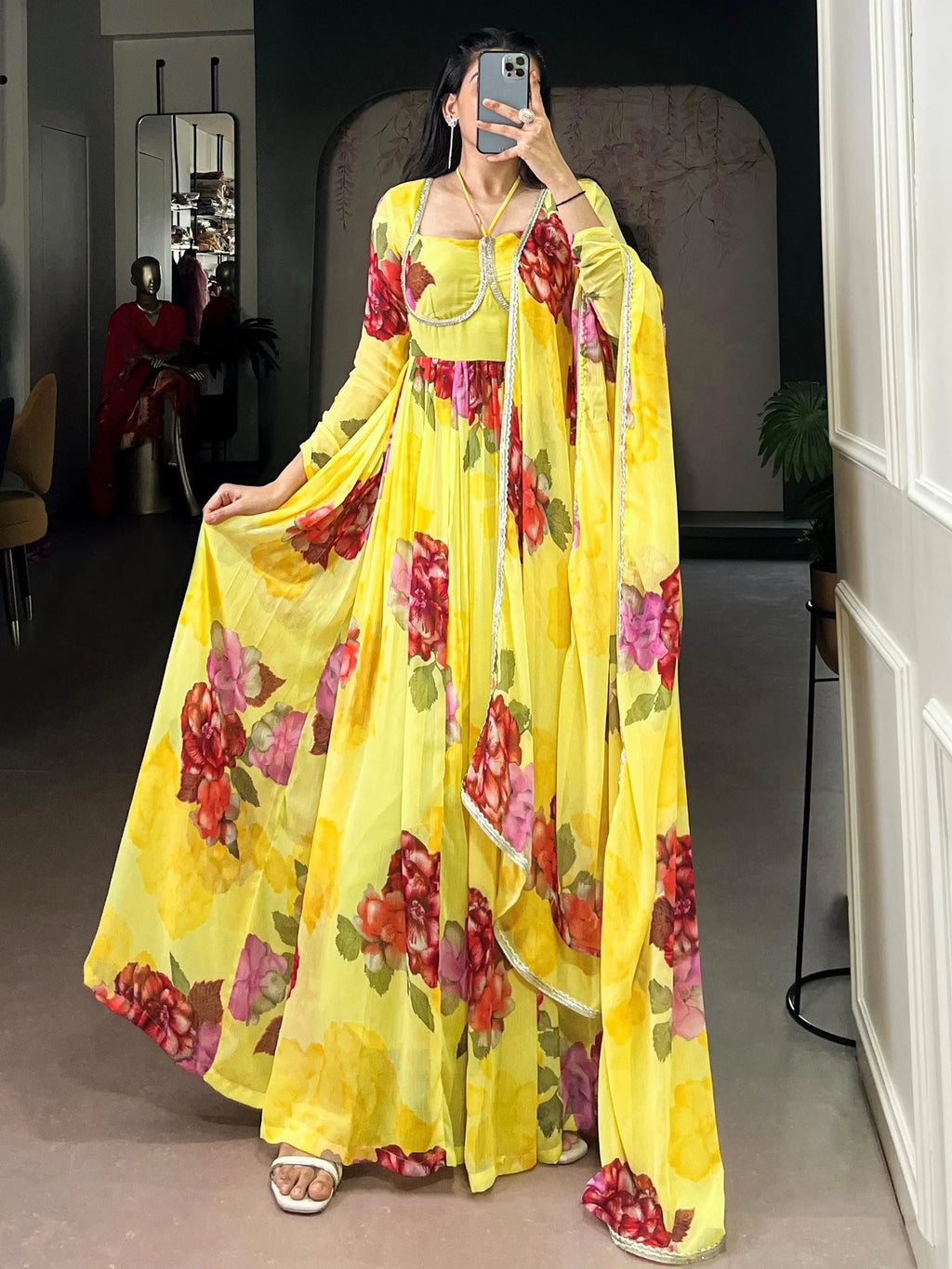 Yellow Adorable Floral Printed Georgette Evening Wear Gown