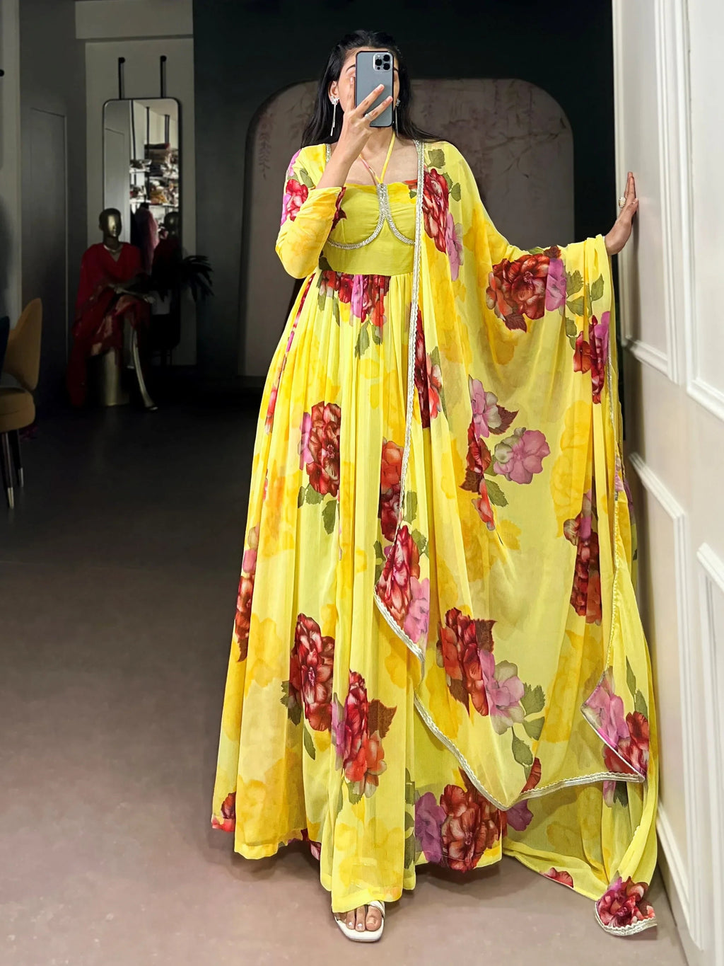 Yellow Adorable Floral Printed Georgette Evening Wear Gown