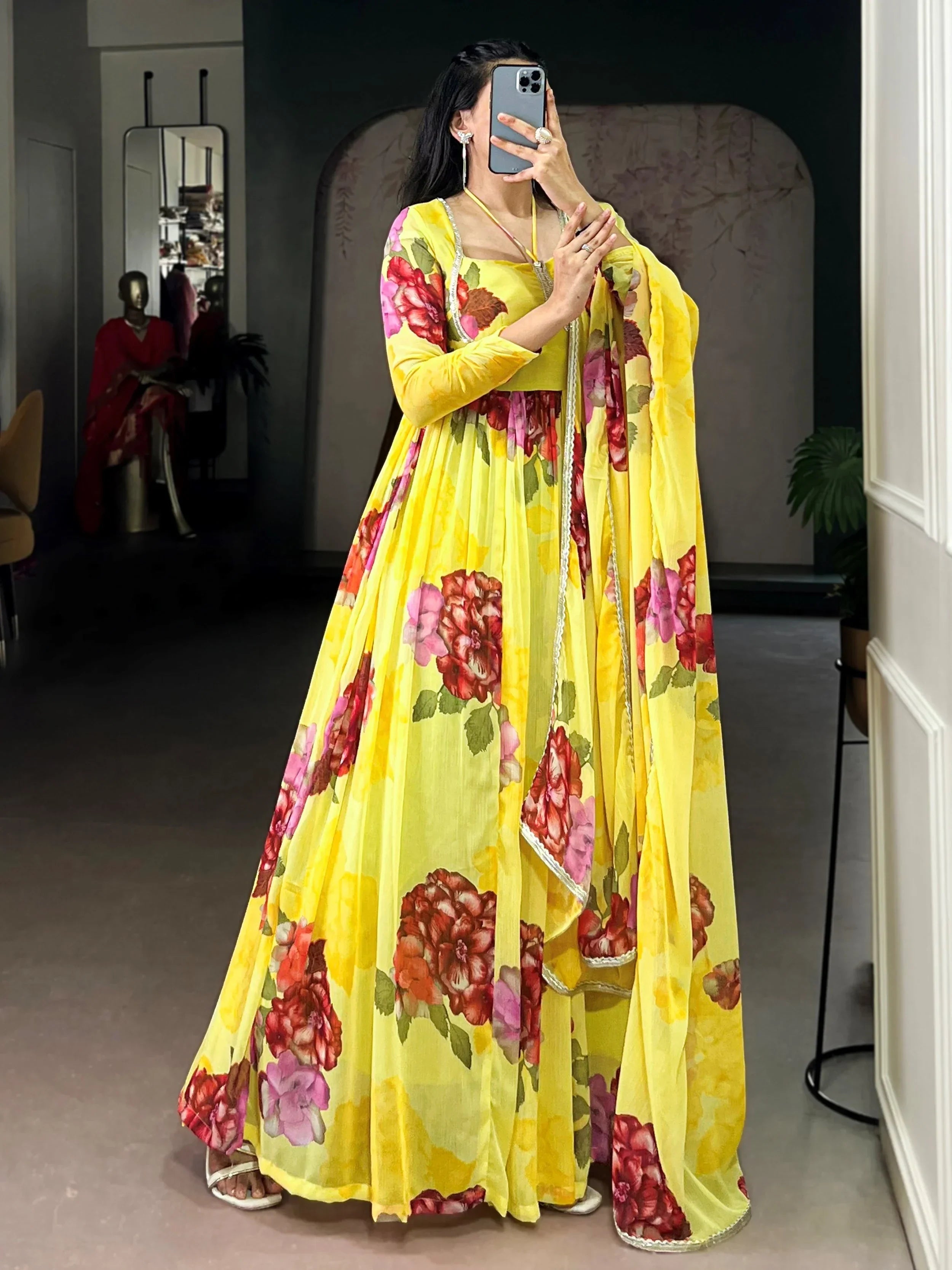 Yellow Adorable Floral Printed Georgette Evening Wear Gown