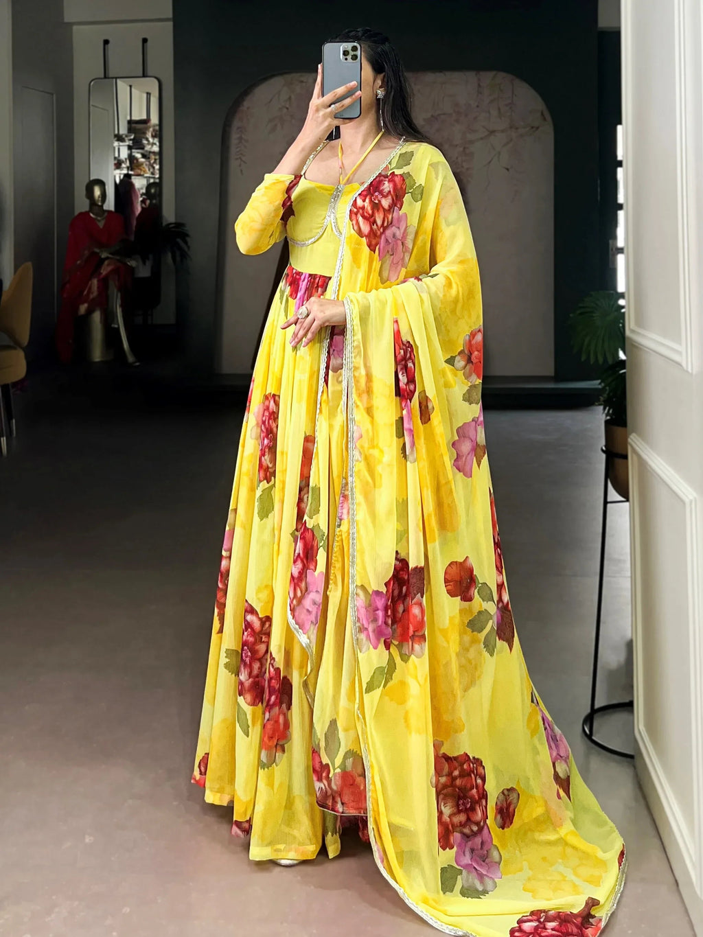Yellow Adorable Floral Printed Georgette Evening Wear Gown