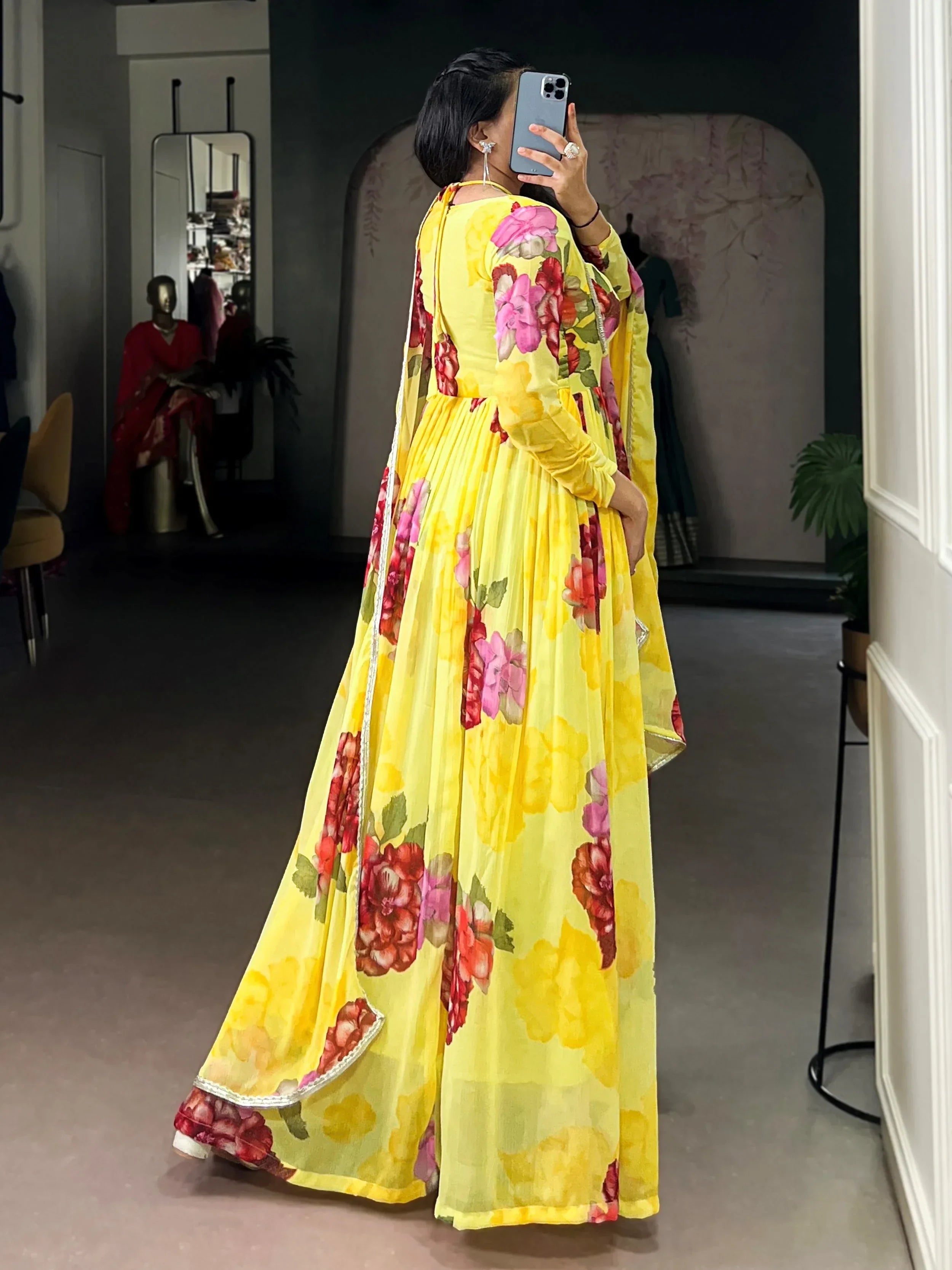 Yellow Adorable Floral Printed Georgette Evening Wear Gown