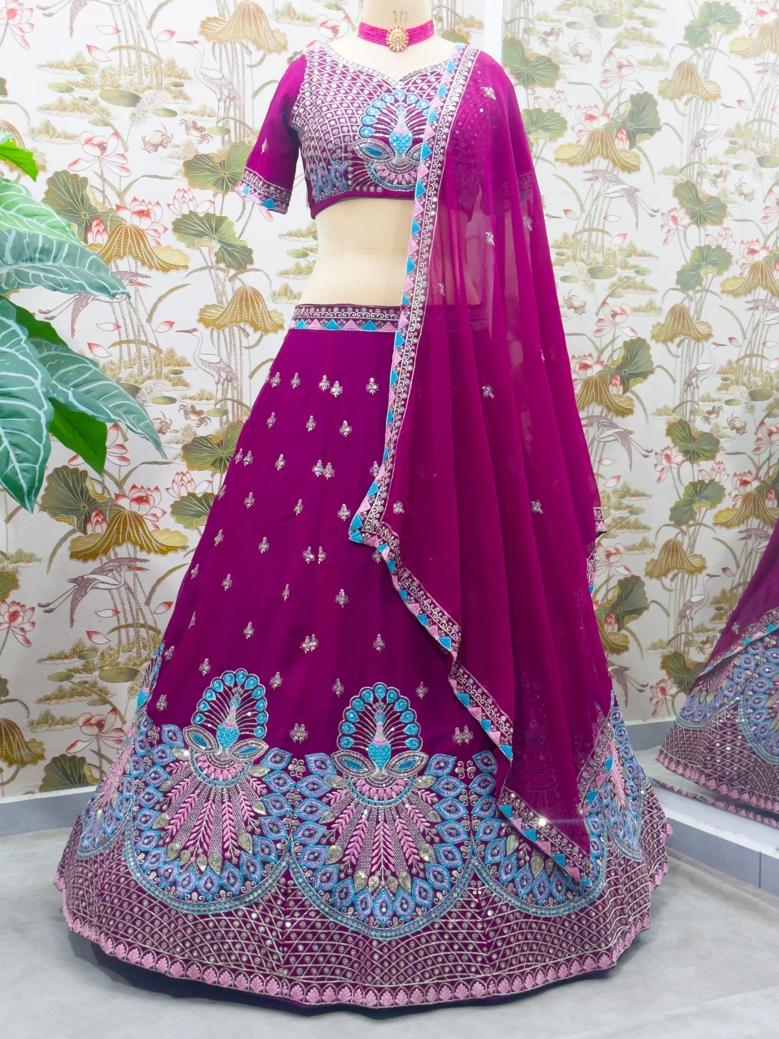 Precious Purple Thread Work Georgette Lehenga Choli With Dupatta