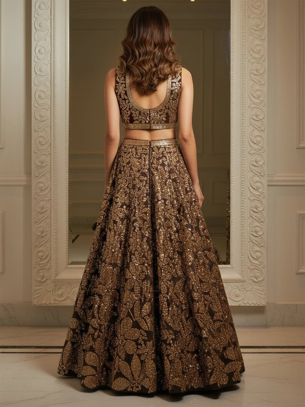 Elegant Brown Fully Sequins Net Reception Wear Lehenga Choli