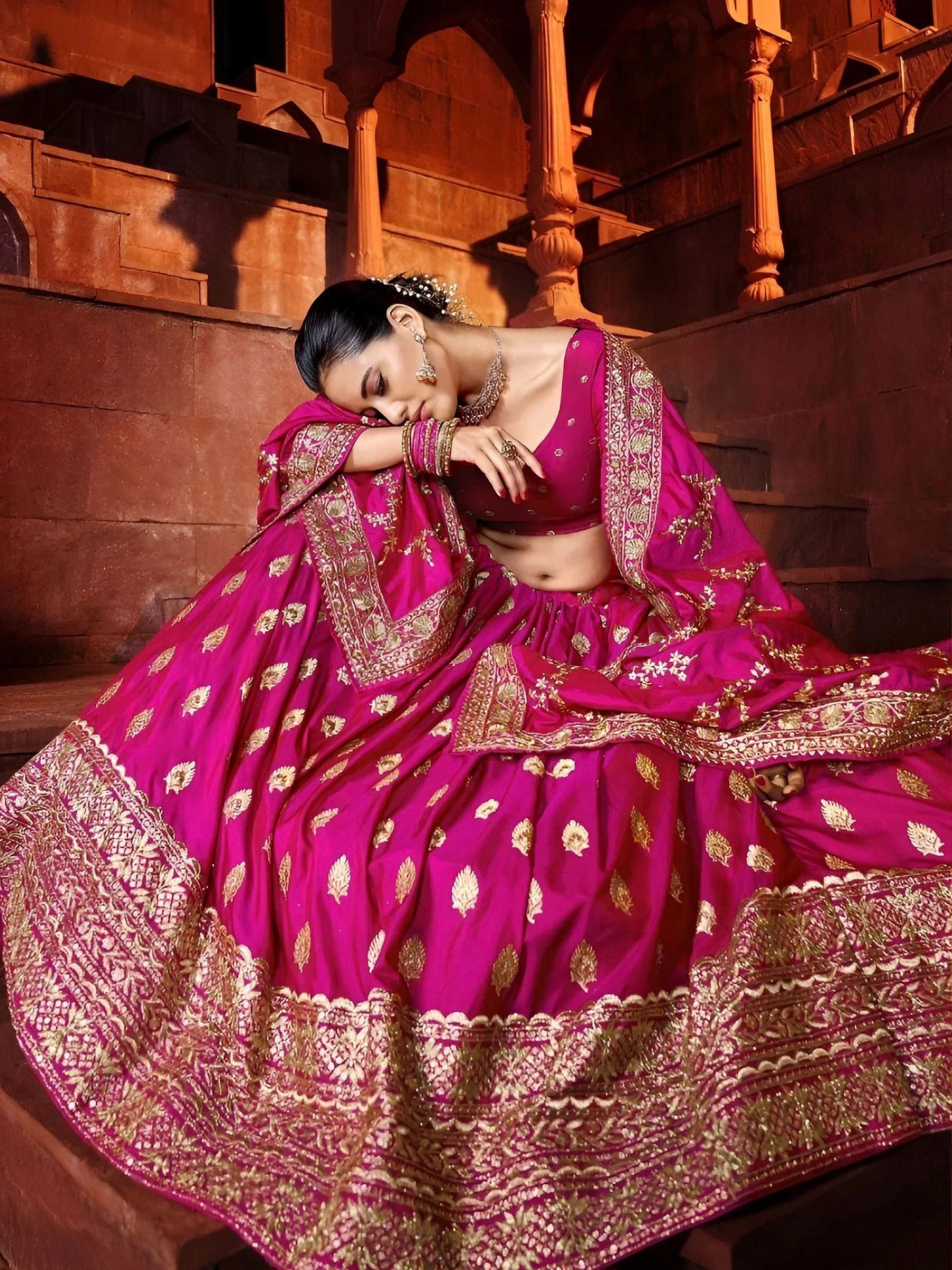 Hot Pink Marvelous Hot Sequins Embroidered Silk Lehenga Choli