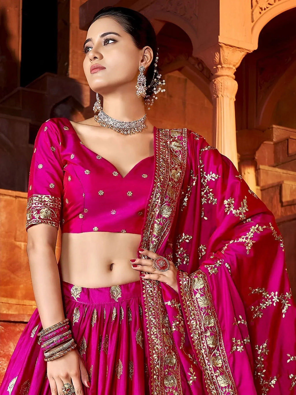 Hot Pink Marvelous Hot Sequins Embroidered Silk Lehenga Choli