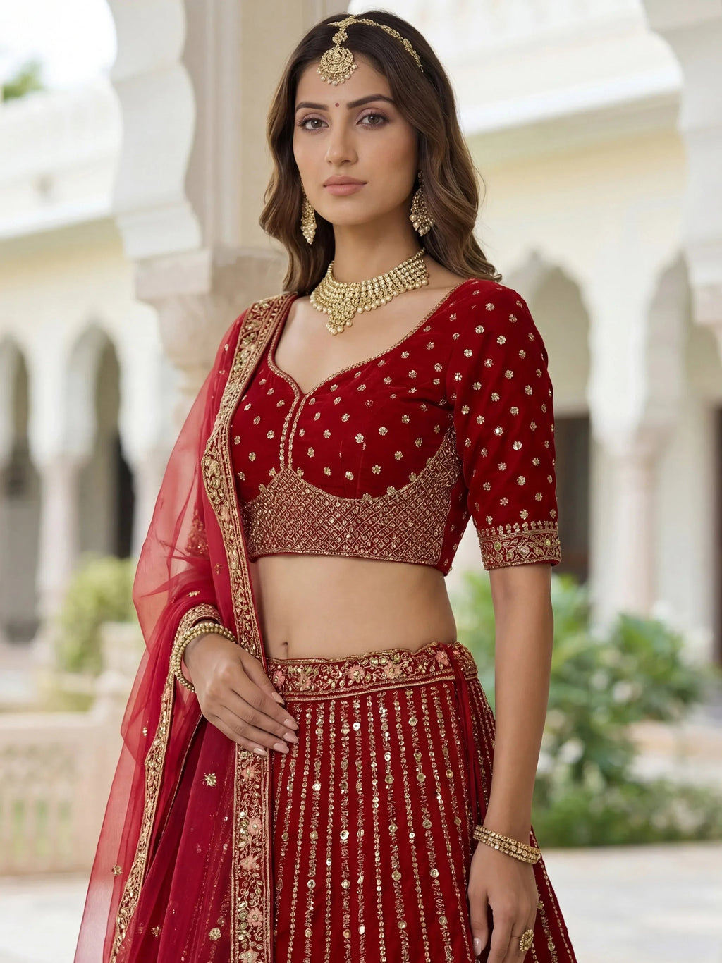 Incredible Maroon Embroidered Organza Bridal Lehenga Choli