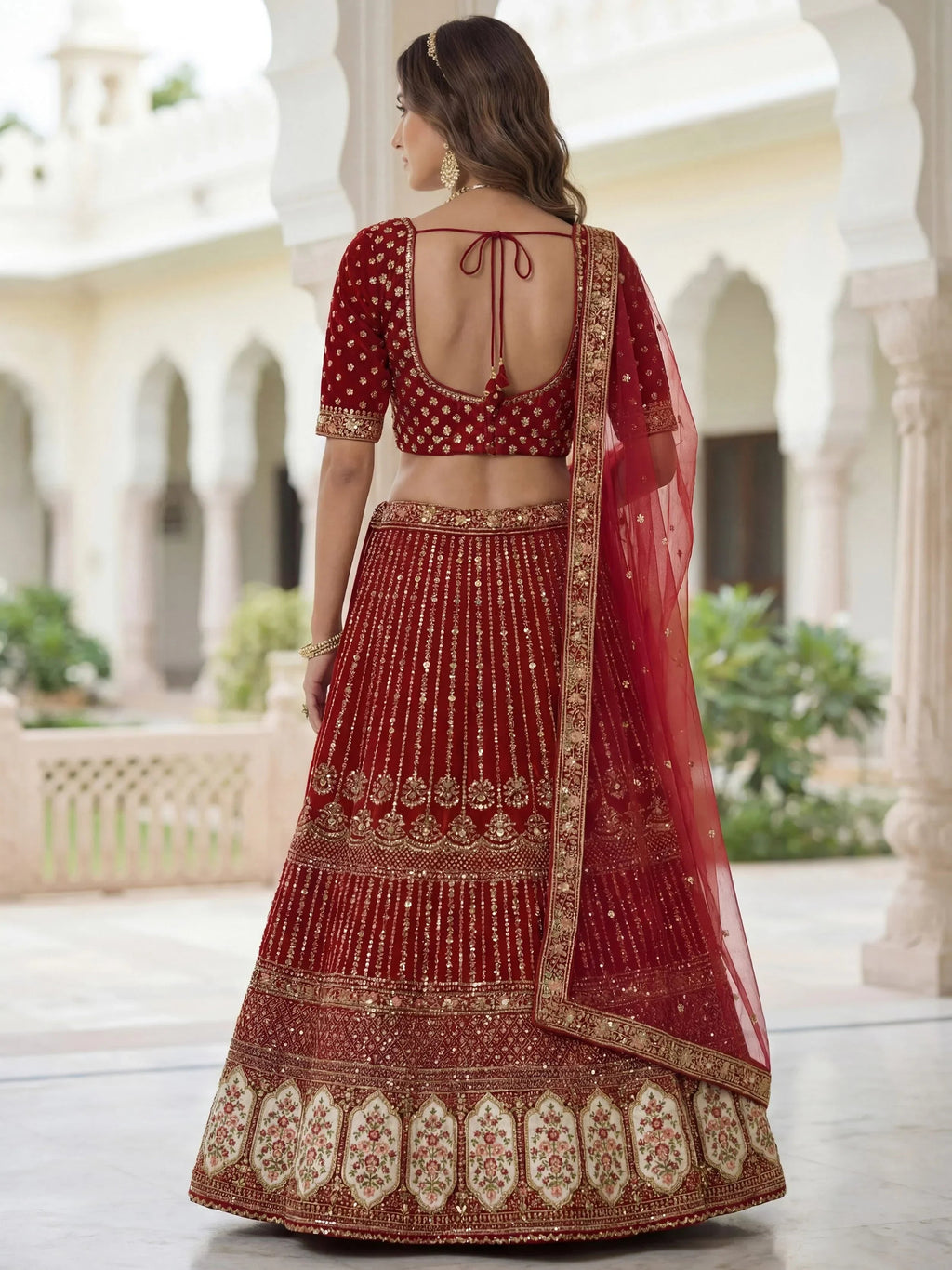 Incredible Maroon Embroidered Organza Bridal Lehenga Choli
