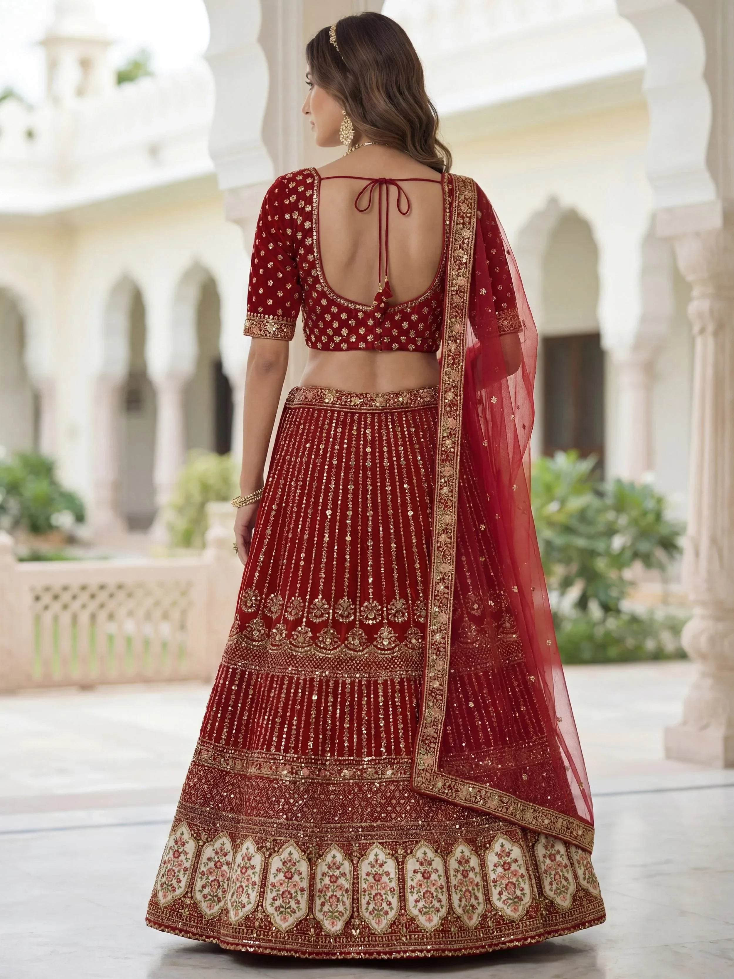 Incredible Maroon Embroidered Organza Bridal Lehenga Choli