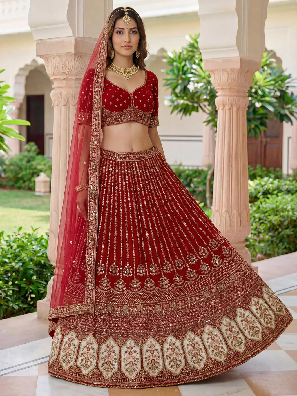 Incredible Maroon Embroidered Organza Bridal Lehenga Choli