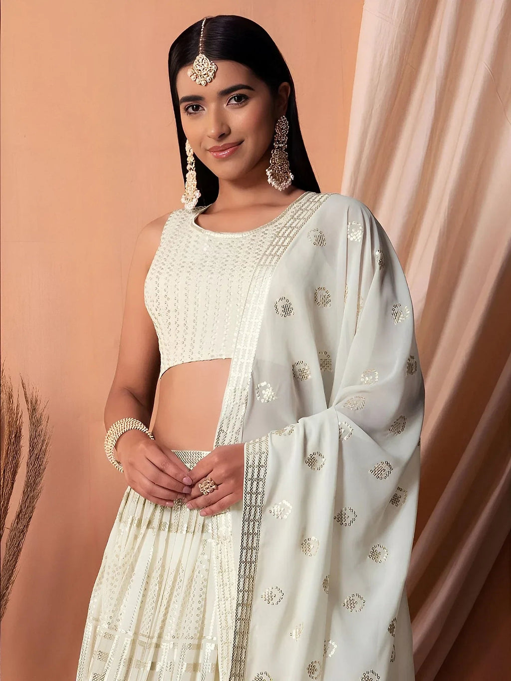 Awesome White Sequins Georgette Festival Wear Lehenga Choli With Dupatta