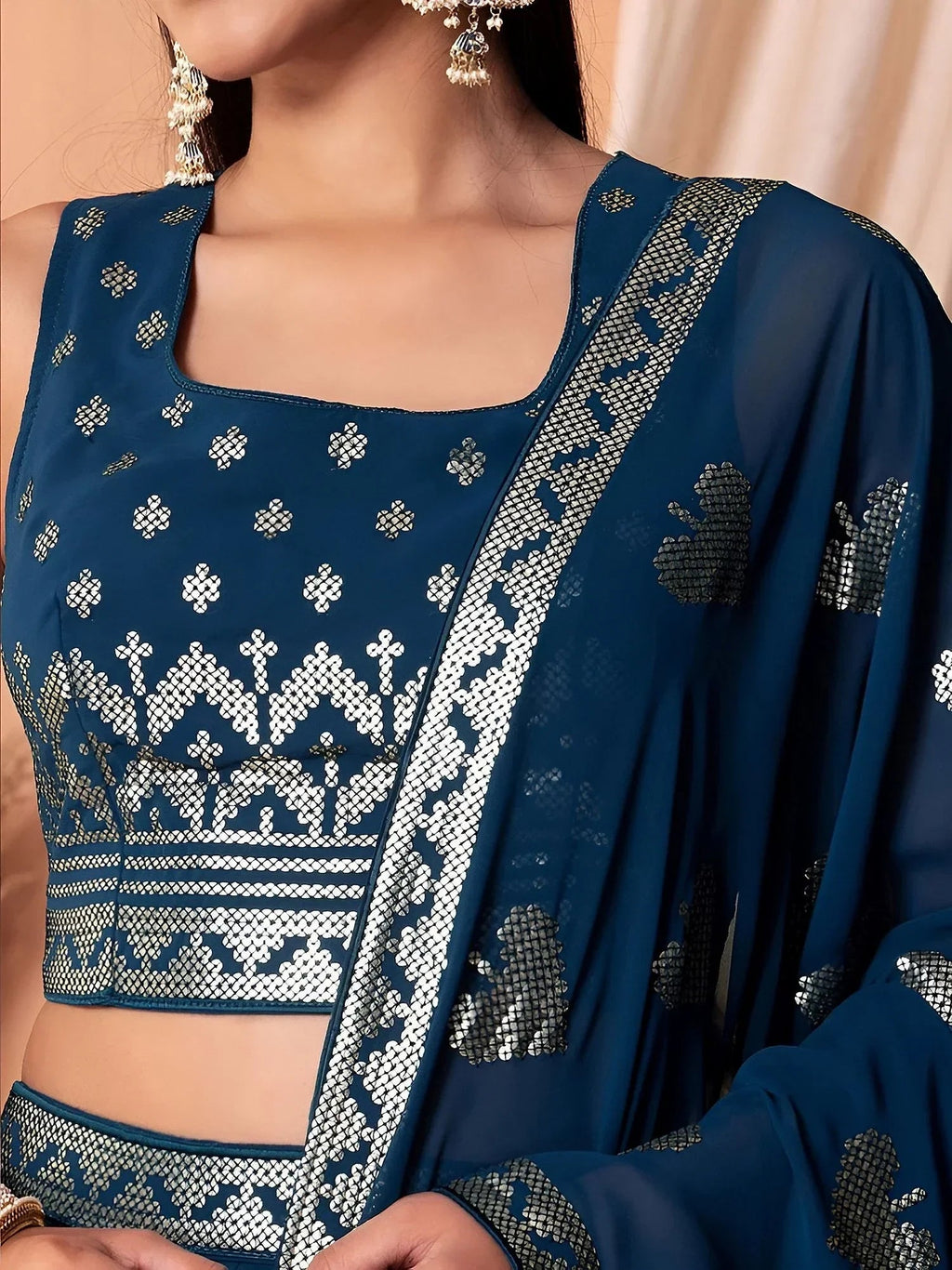 Dazzling Teal Blue Sequins Georgette Festival Wear Lehenga Choli