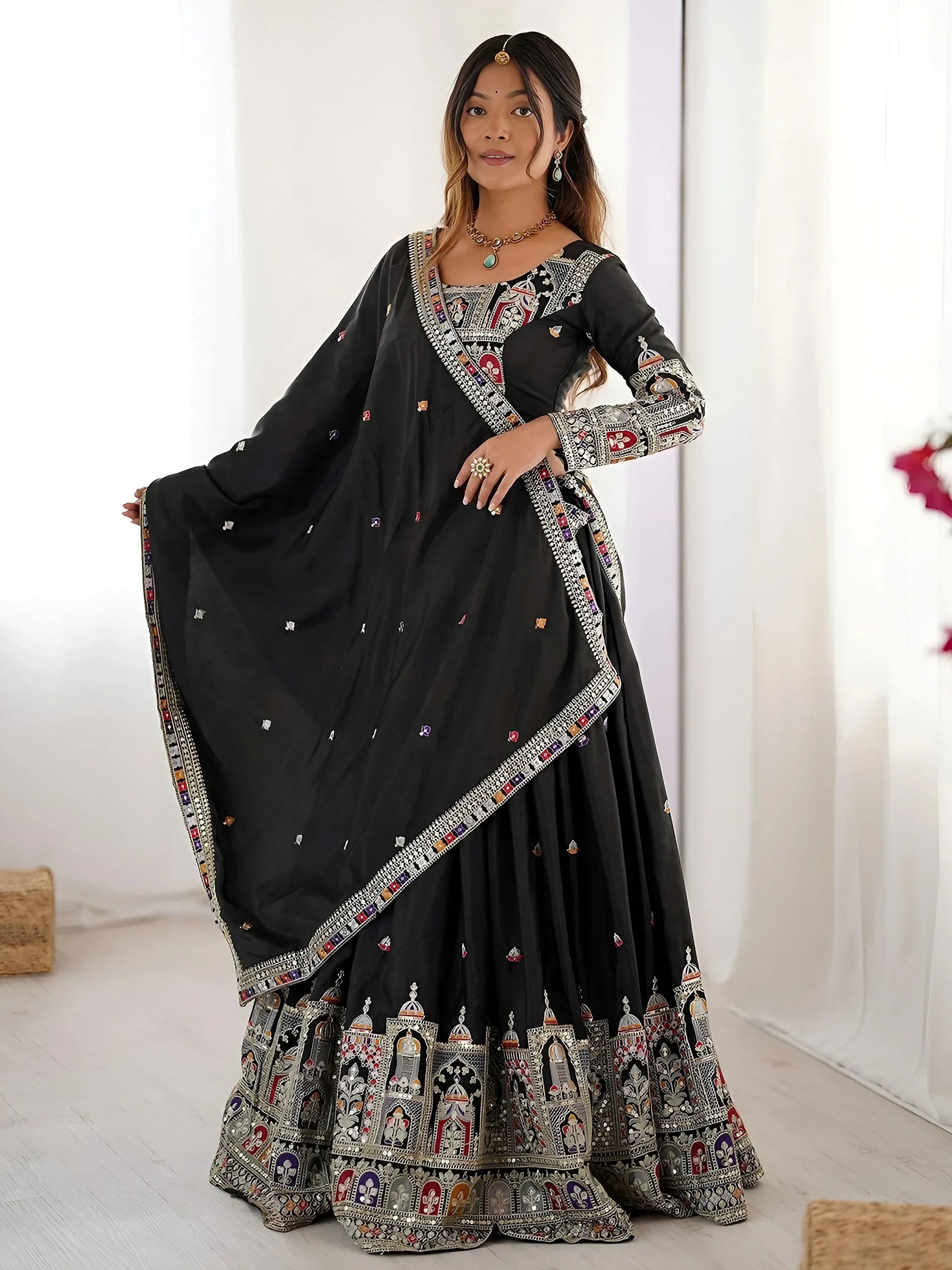 Black Magnetic Coding Work Crepe Silk Designer Lehenga Choli