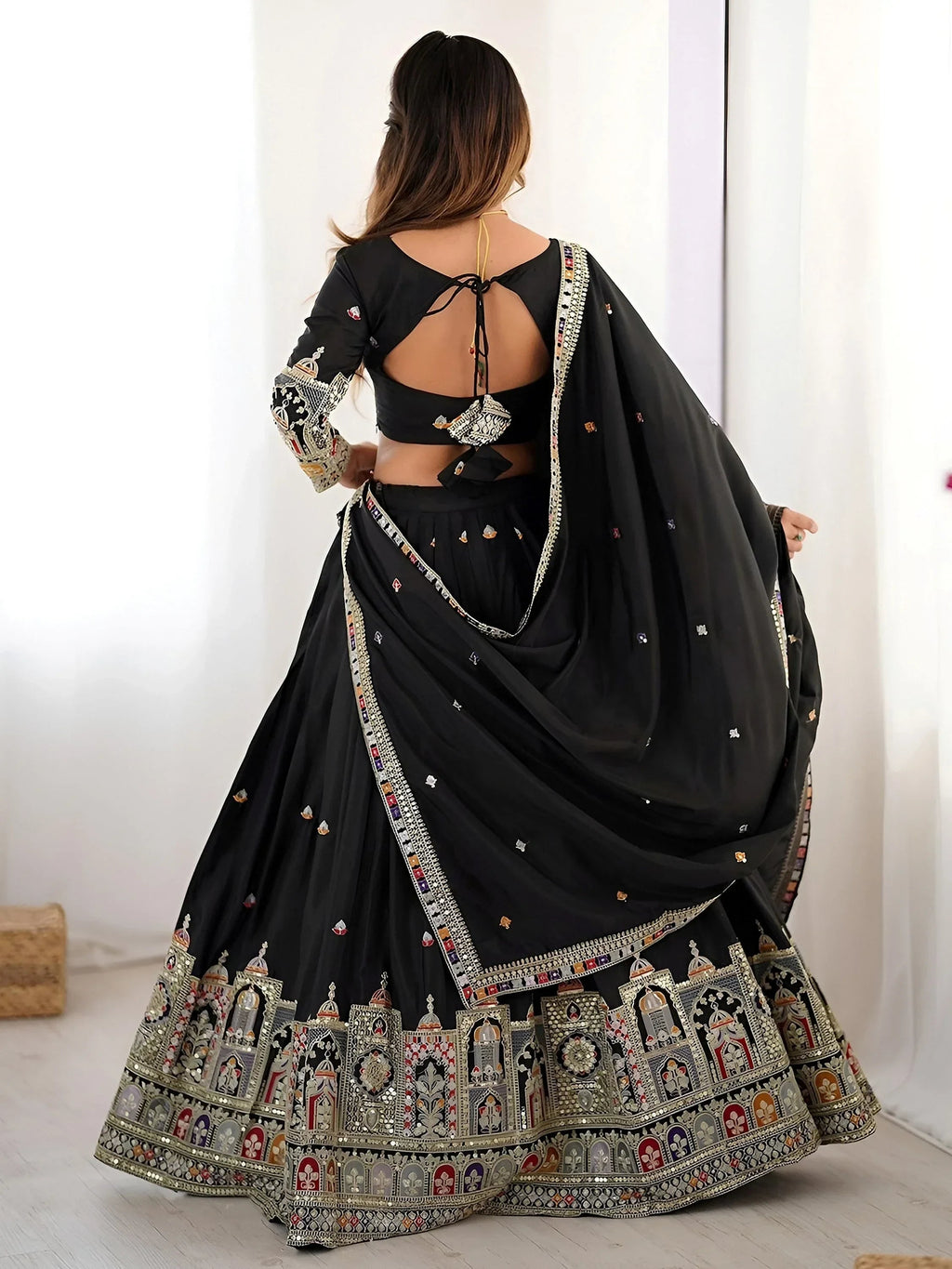 Black Magnetic Coding Work Crepe Silk Designer Lehenga Choli