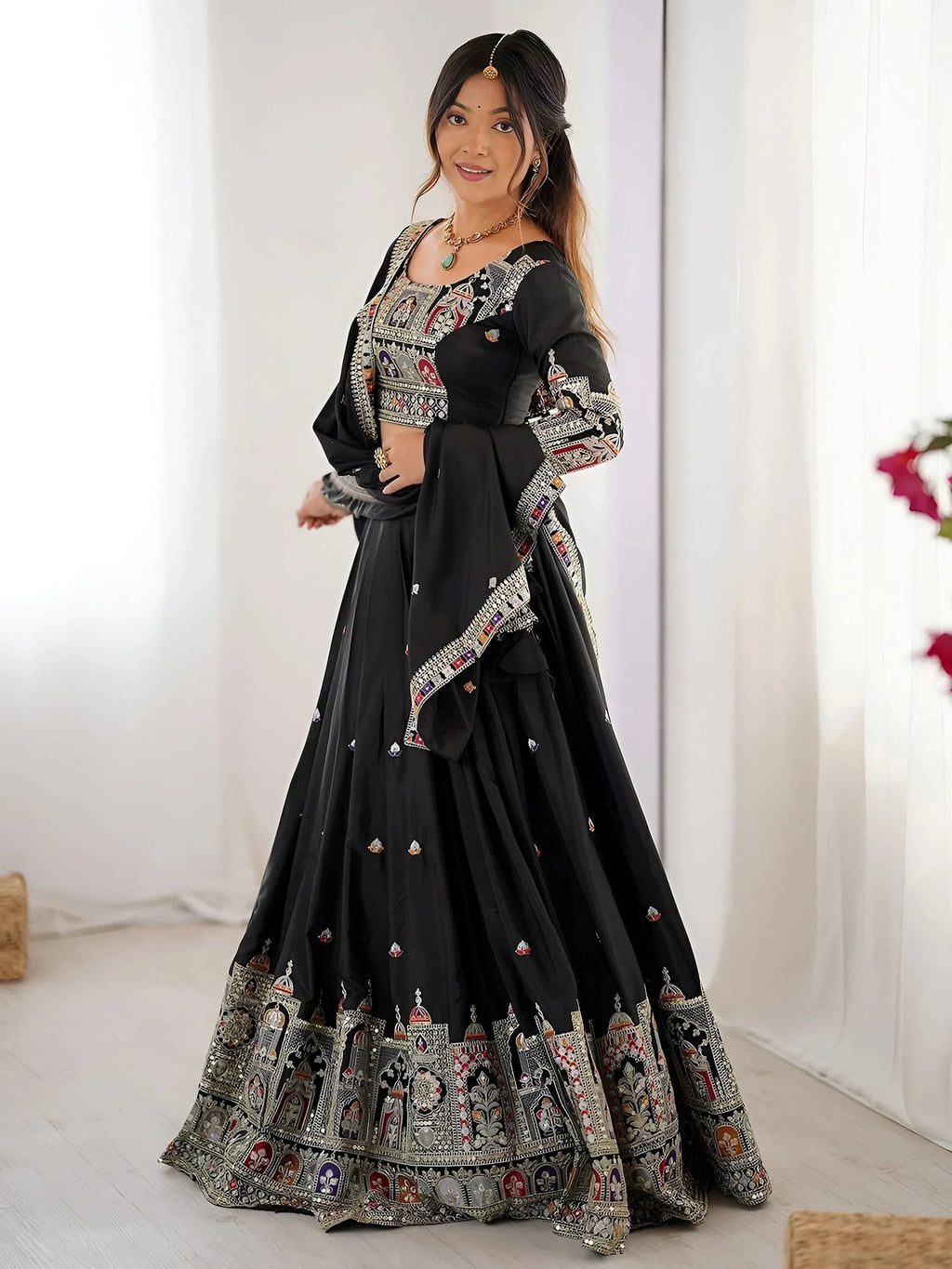 Black Magnetic Coding Work Crepe Silk Designer Lehenga Choli