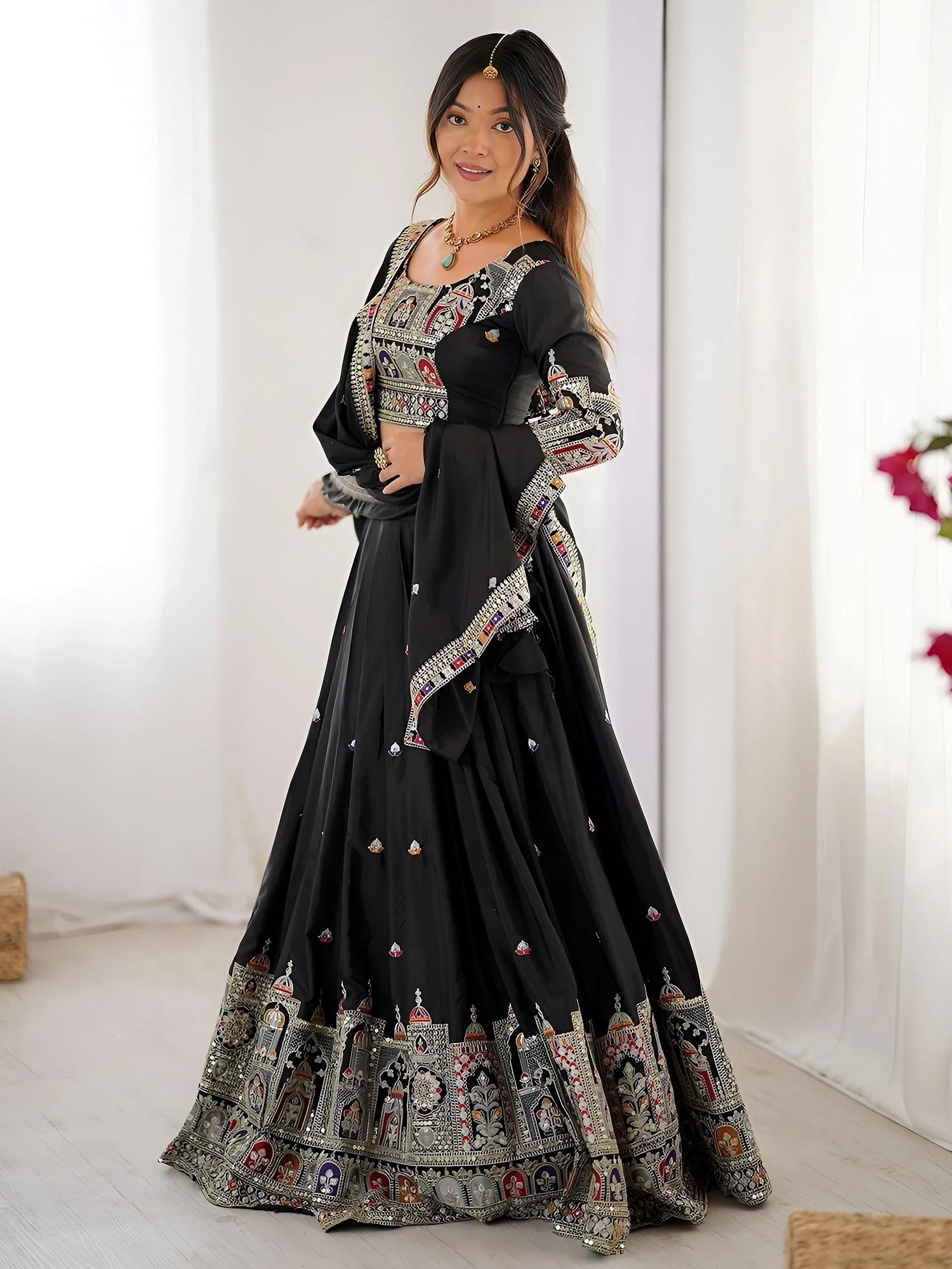 Black Magnetic Coding Work Crepe Silk Designer Lehenga Choli