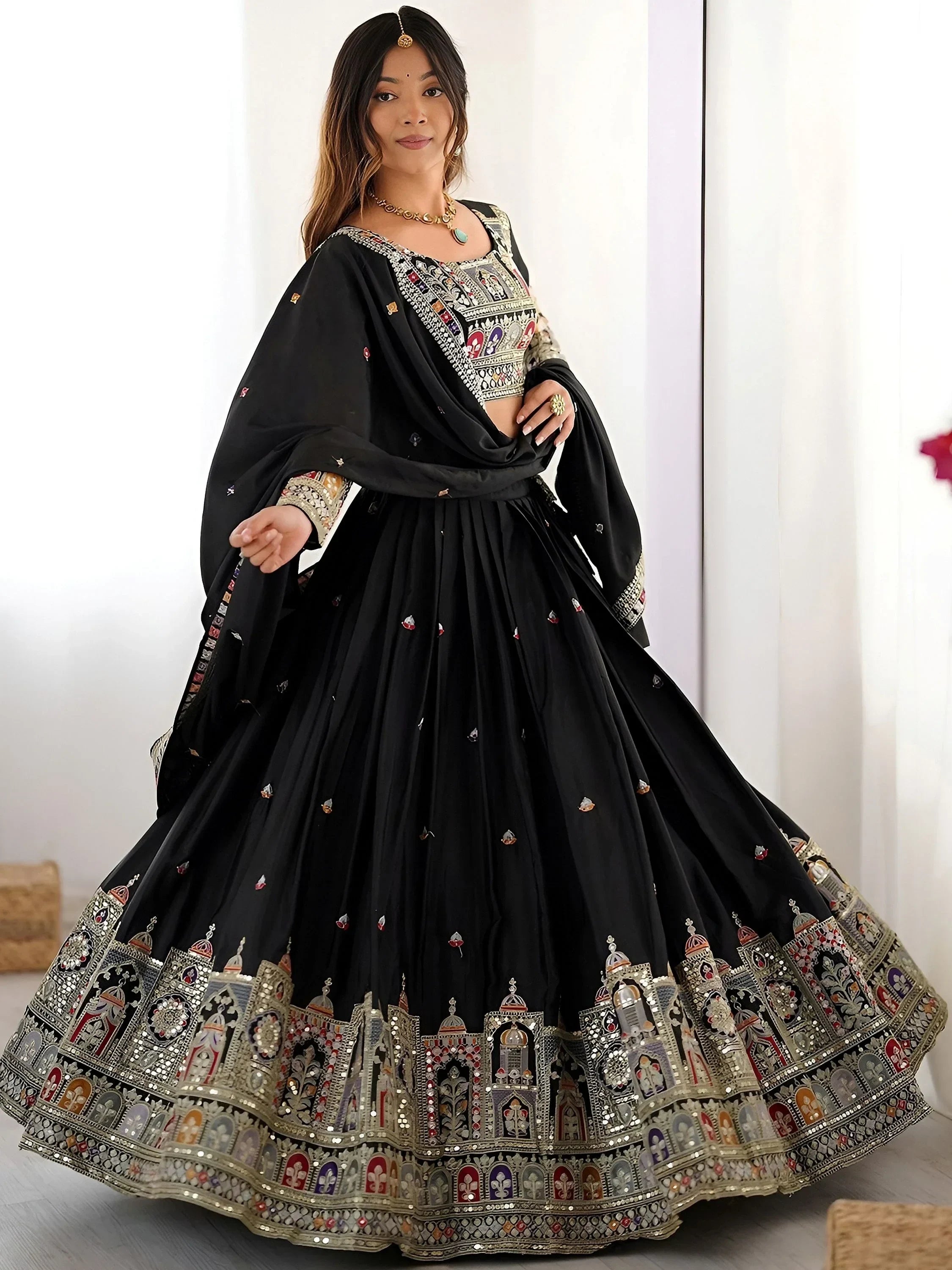 Black Magnetic Coding Work Crepe Silk Designer Lehenga Choli
