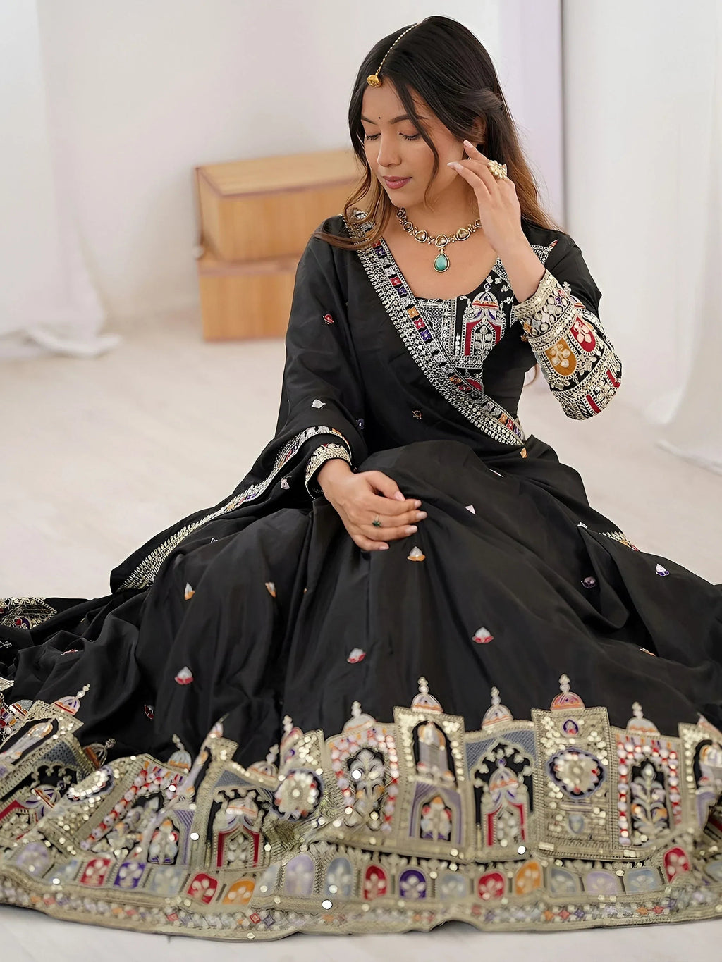 Black Magnetic Coding Work Crepe Silk Designer Lehenga Choli