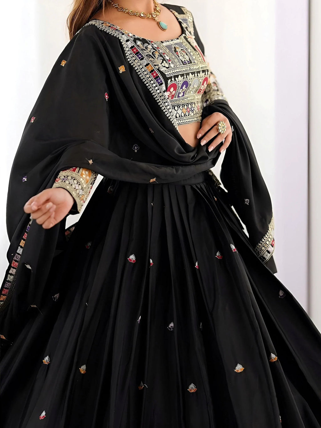 Black Magnetic Coding Work Crepe Silk Designer Lehenga Choli