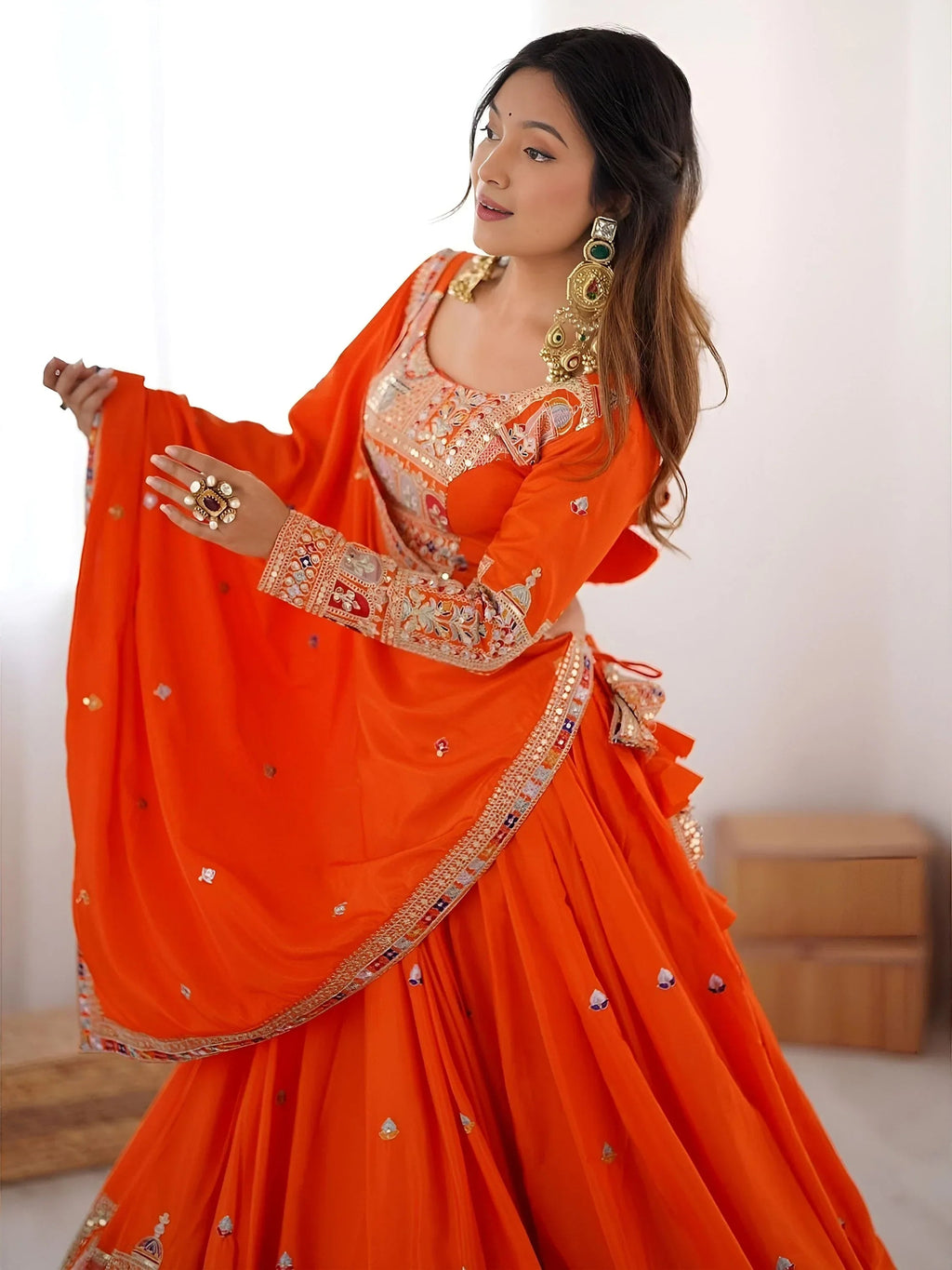 Orange Magnetic Coding Work Crepe Silk Designer Lehenga Choli