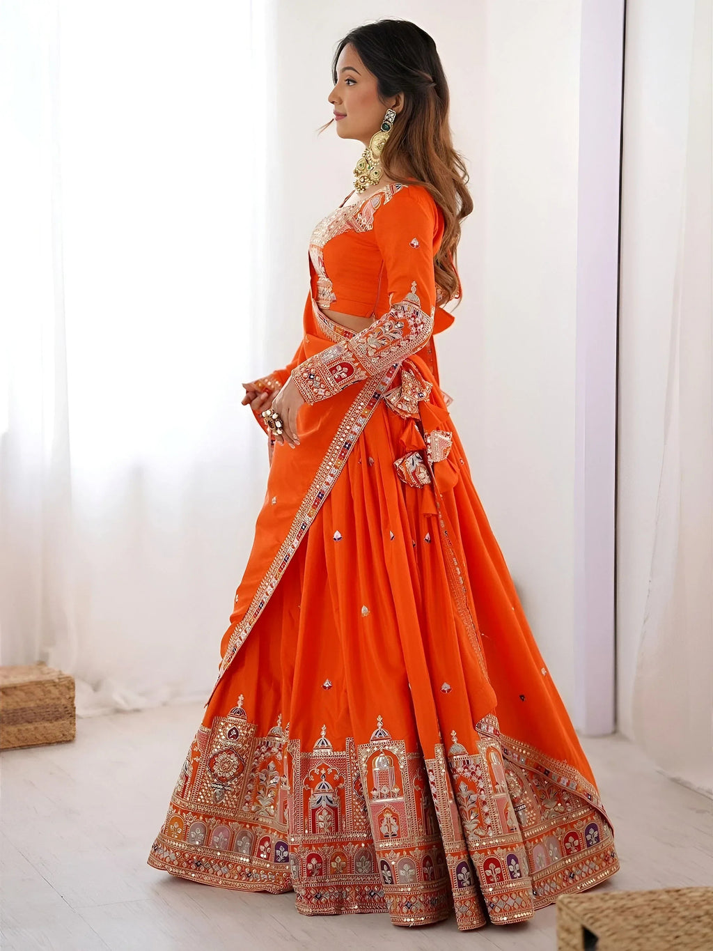 Orange Magnetic Coding Work Crepe Silk Designer Lehenga Choli