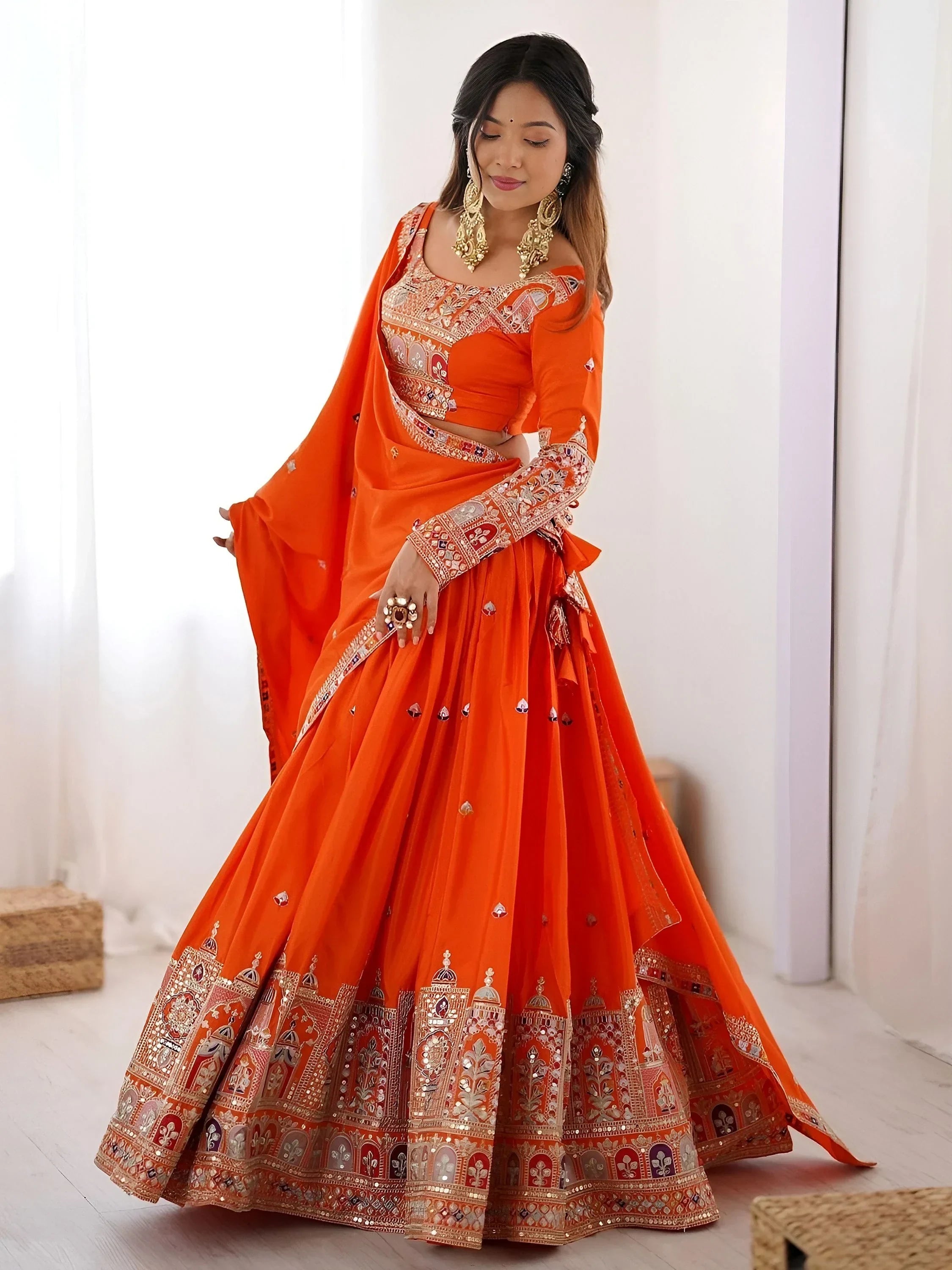 Orange Magnetic Coding Work Crepe Silk Designer Lehenga Choli