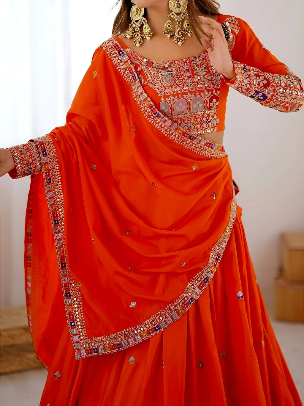 Orange Magnetic Coding Work Crepe Silk Designer Lehenga Choli